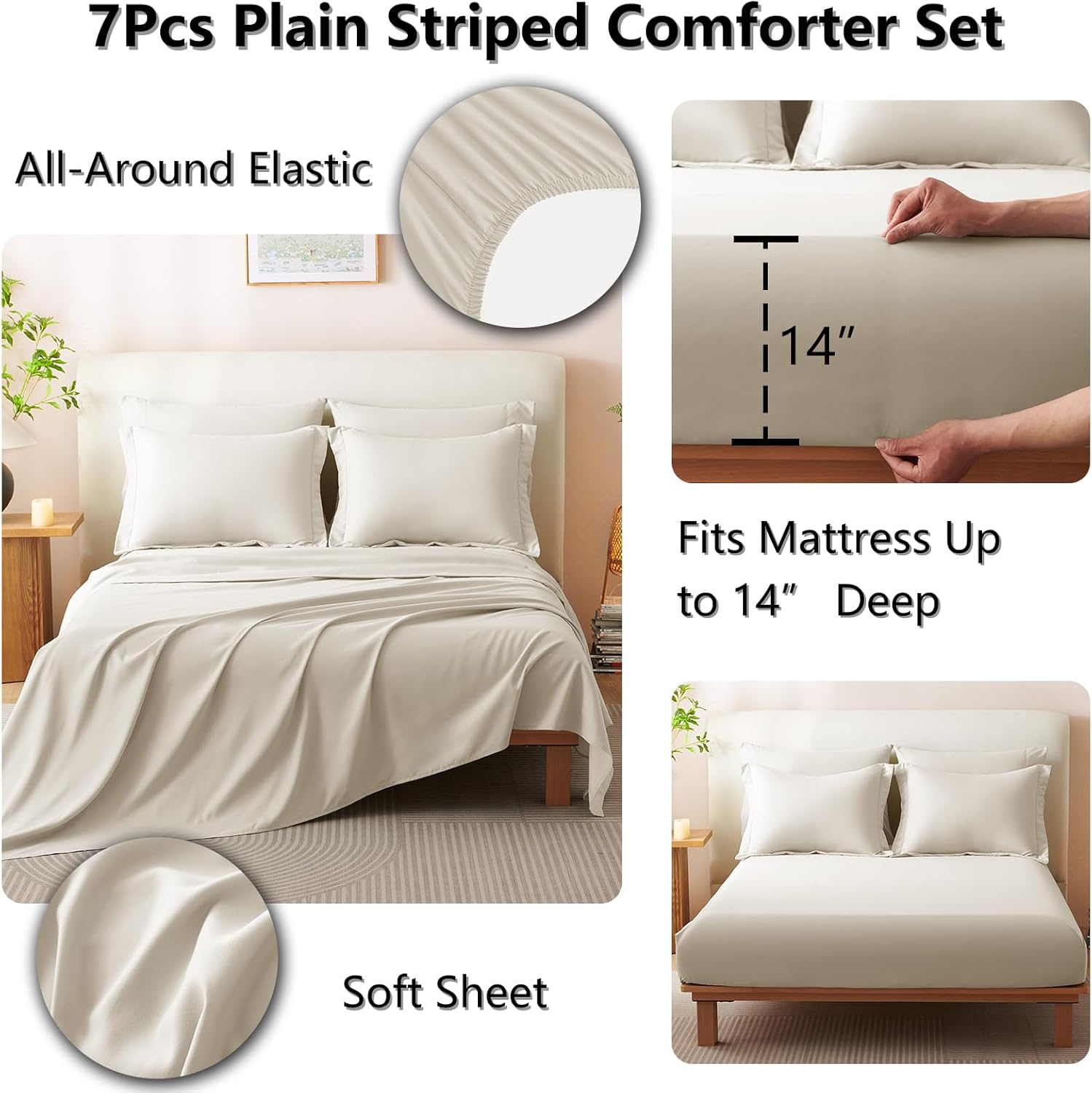 Thumbnail 6 de CozyLux Queen Size 7-Piece Comforter Set (Beige) with Sheets & Down-Alternative Comforter