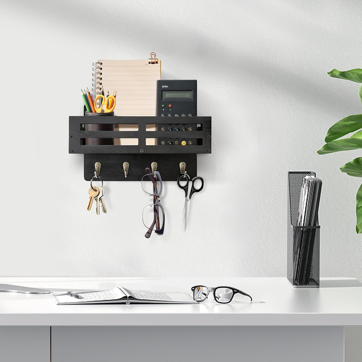 Thumbnail 6 de KISENG Key Hooks -J Wall-Mounted Key and Mail Organizer, Black Paulownia Wood