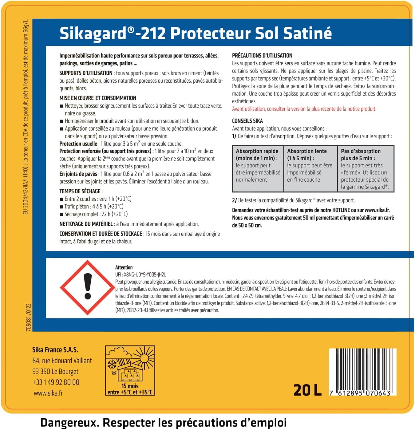 Detalle de SIKA Sikagard 212 Protecteur Sol Satiné — Hydrofuge et durcisseur de joints de sable pour pavés (20L)