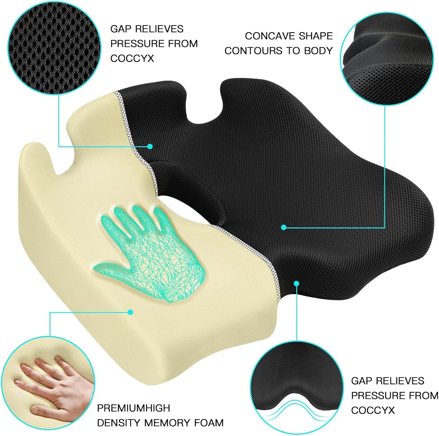 Detalle 2 de Benazcap Memory Seat Cushion for Office Chairs – Firm Coccyx Pad for Sciatica & Back Pain Relief, Black