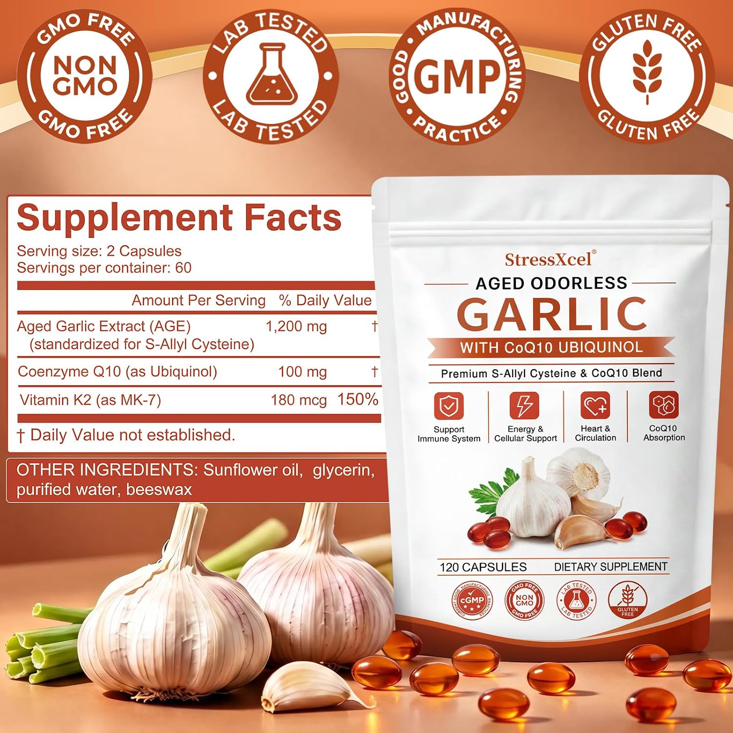 Thumbnail 6 de StressXcel Odorless Aged Garlic Softgels, 1,200 mg, with CoQ10 Ubiquinol & Vitamin K2