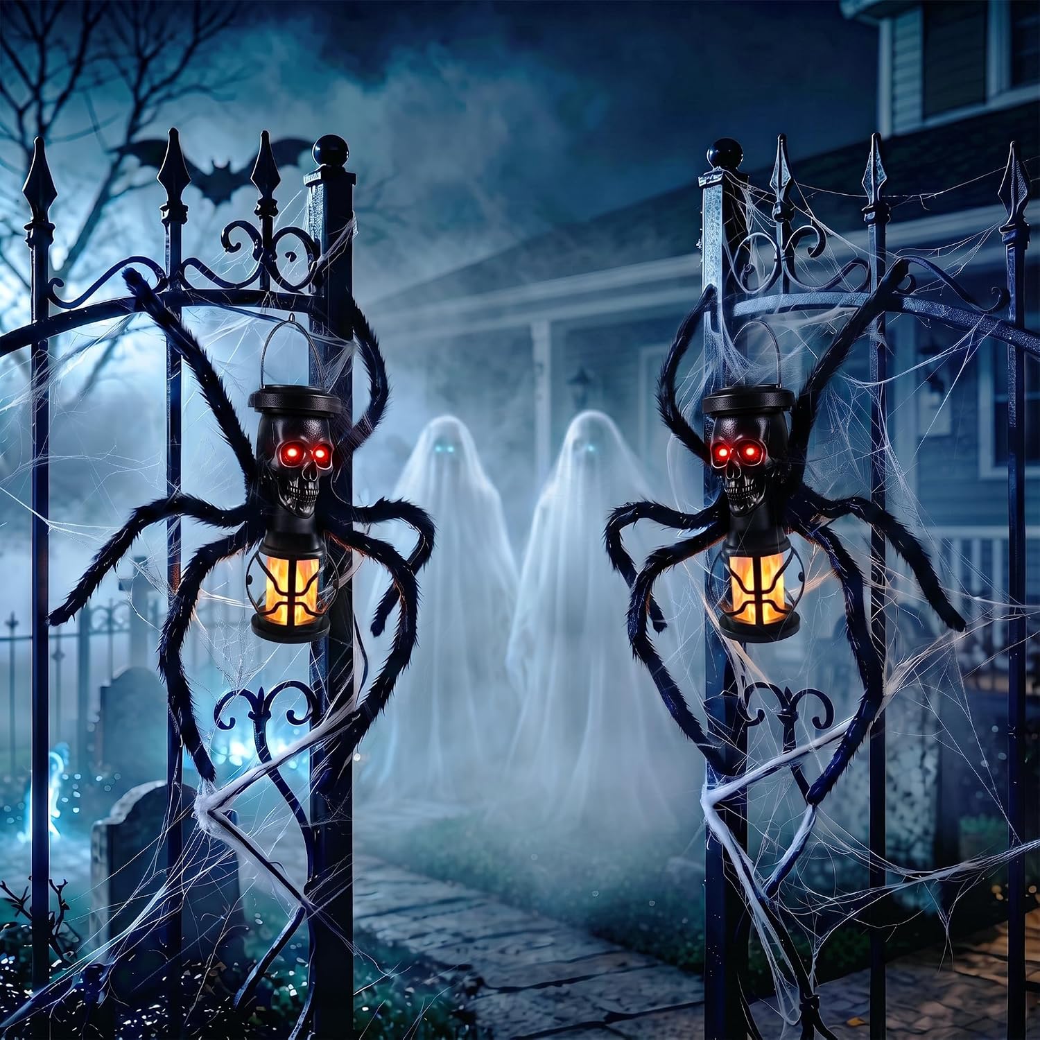Detalle de Jnaurb 2-Pack Solar Halloween Skull Lights with Flickering Flame and Spider Legs