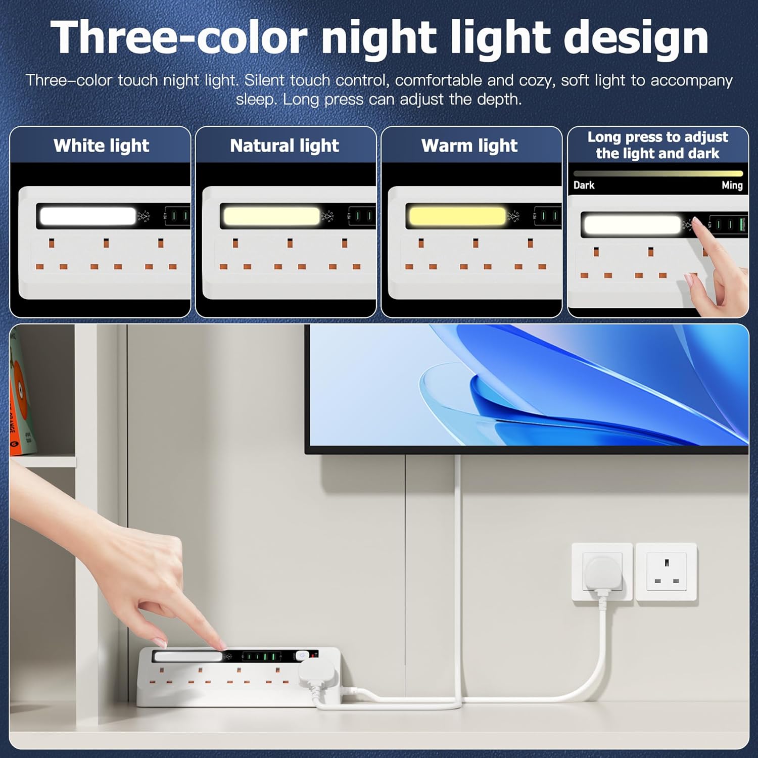 Thumbnail 2 de AUNNO Extension Lead with USB Slots (5 Ways) – 2 USB-A, 2 USB-C, 1.8m, Surge Protected with Night Light