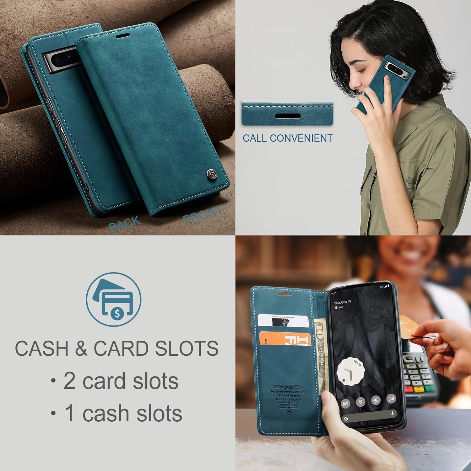 Thumbnail 5 de Sojlecyu Klapphülle für Google Pixel 8 Pro – Premium PU-Leder Flip Case mit Magnetverschluss, Kartenfach und Standfunktion (Blaugrün)