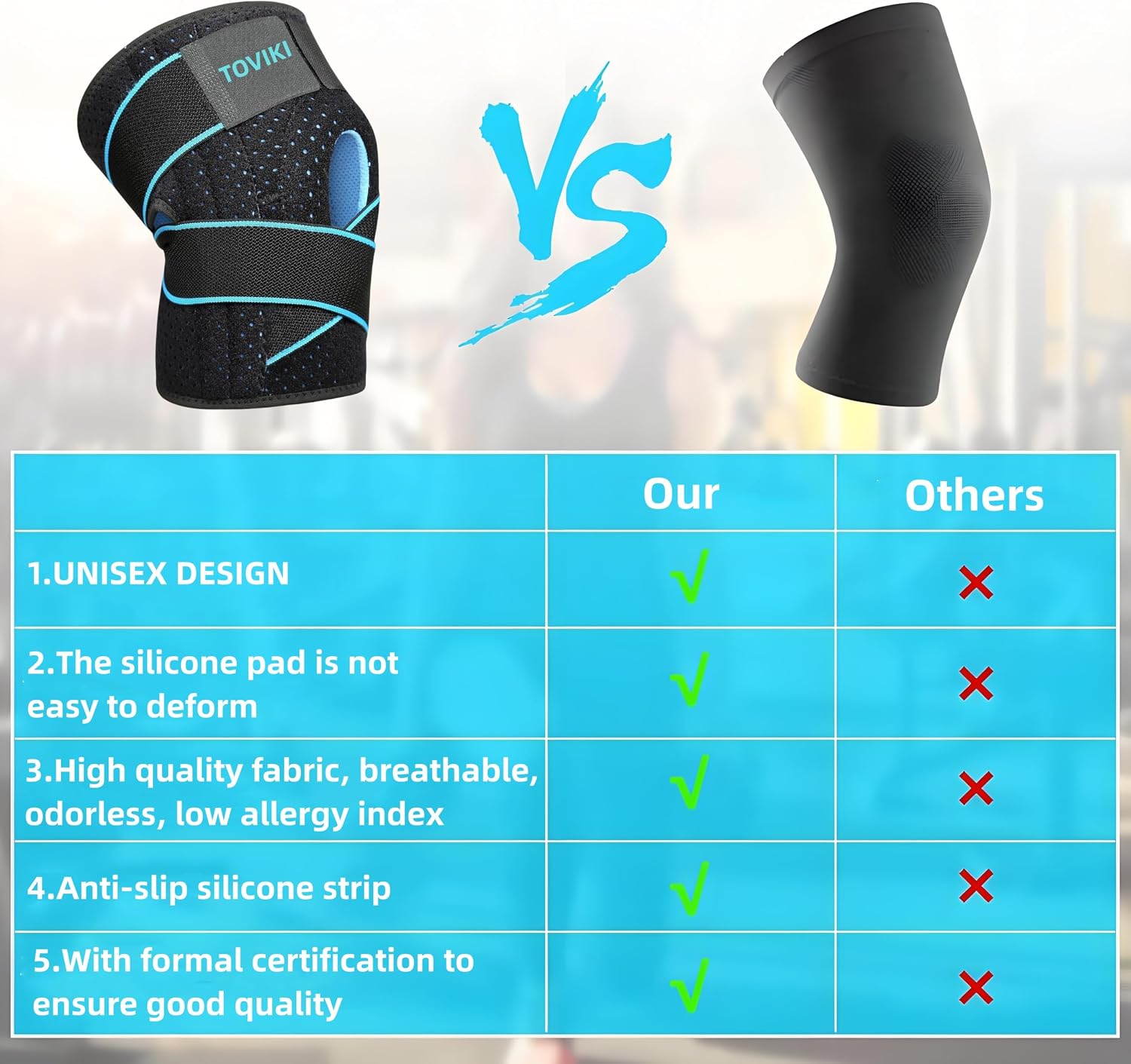 Detalle de TOVIKI TOVIKI Adjustable Open-Patella Neoprene Compression Knee Brace for Arthritis & Meniscus Pain Relief