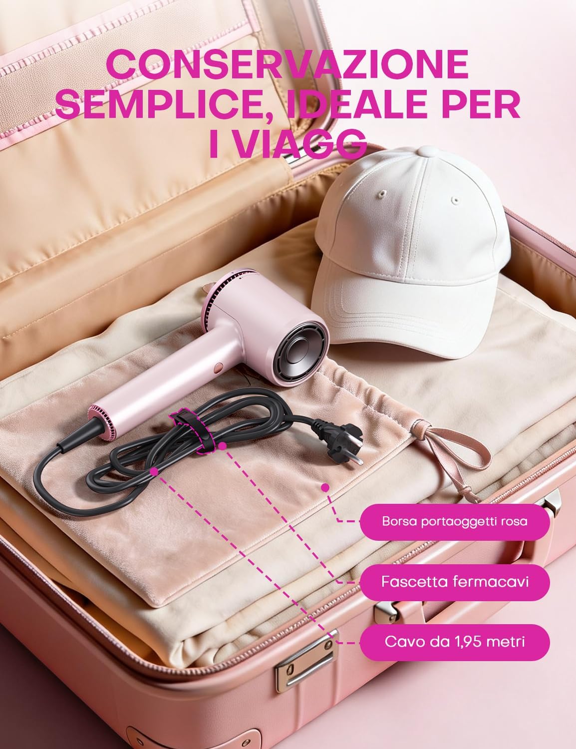 Thumbnail 4 de AROEVE Phon Capelli con Diffusore, ionico 1600W rosa da viaggio (110.000 giri/min)