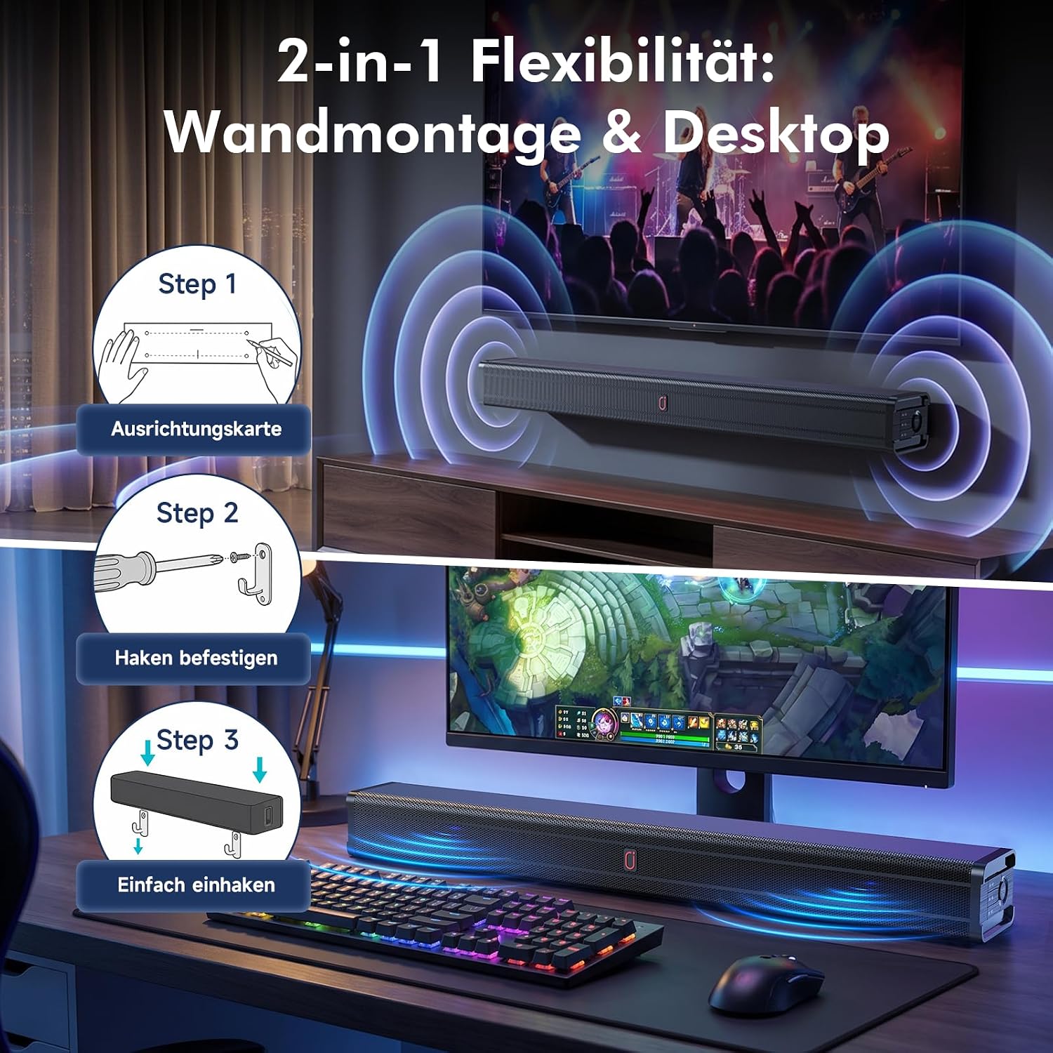 Detalle de JYX 80cm Soundbar: 2.1-Kanal mit Deep Bass, HDMI ARC, Bluetooth 5.4 – All-in-One TV-Lautsprecher