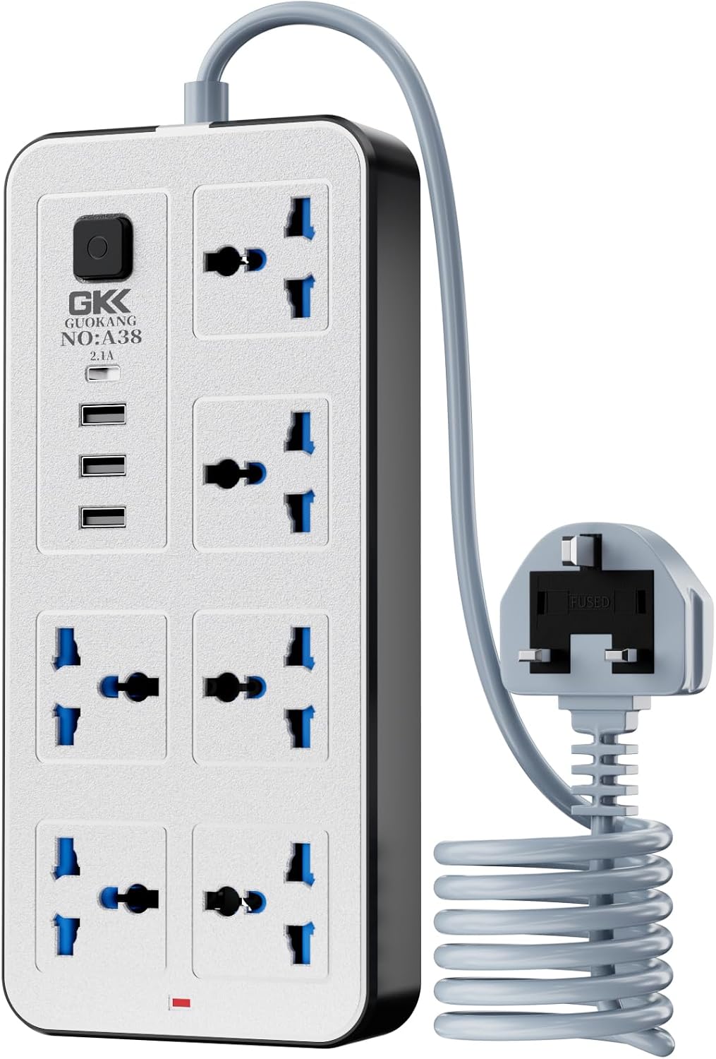 Detalle de UK Power Strip 6-way extension with 3 USB, USB-C and 2500W/10A switch (white)