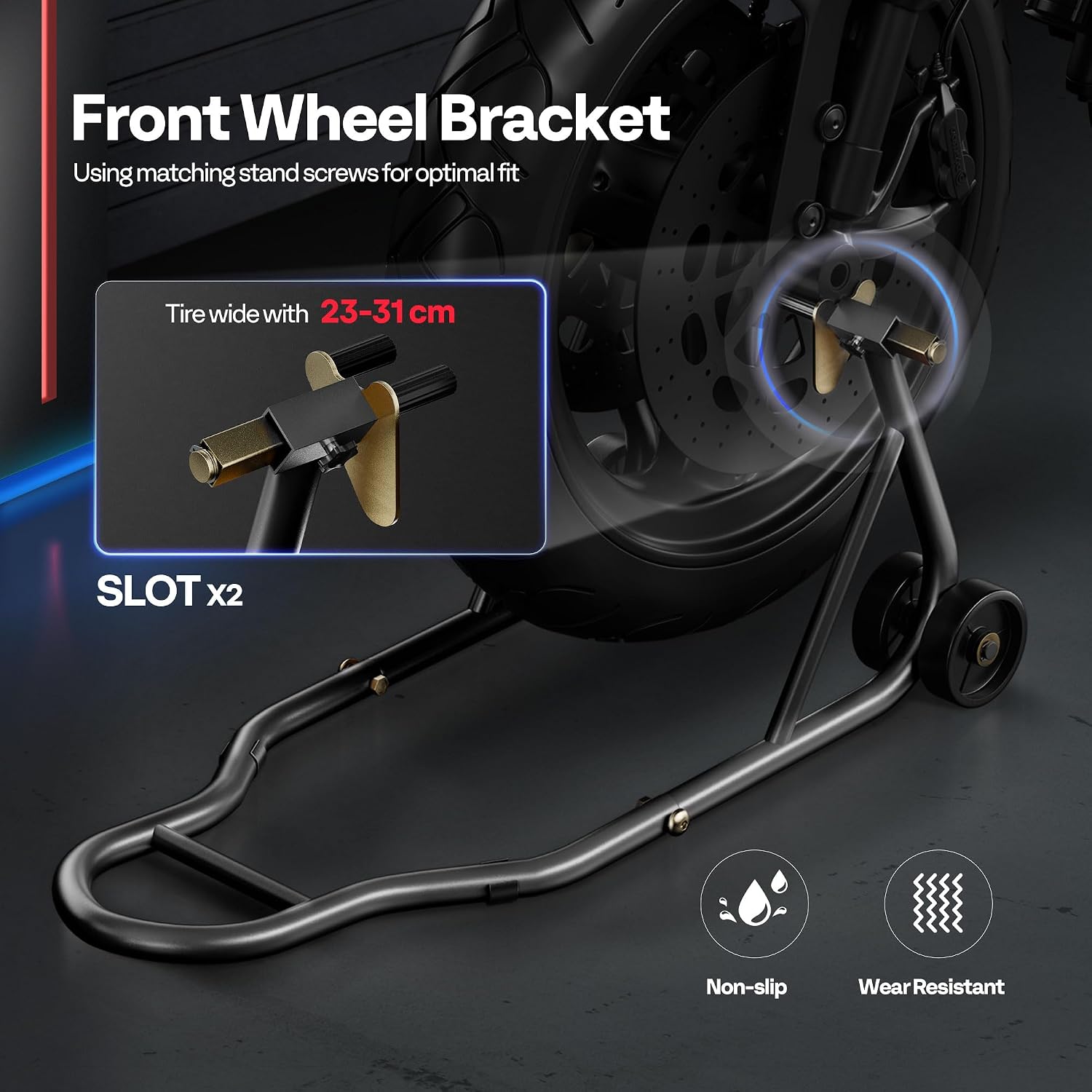 Detalle 2 de SPECSTAR Motorcycle Paddock Stand Combo (Front & Rear) 400kg Capacity with Adjustable Fork Heads