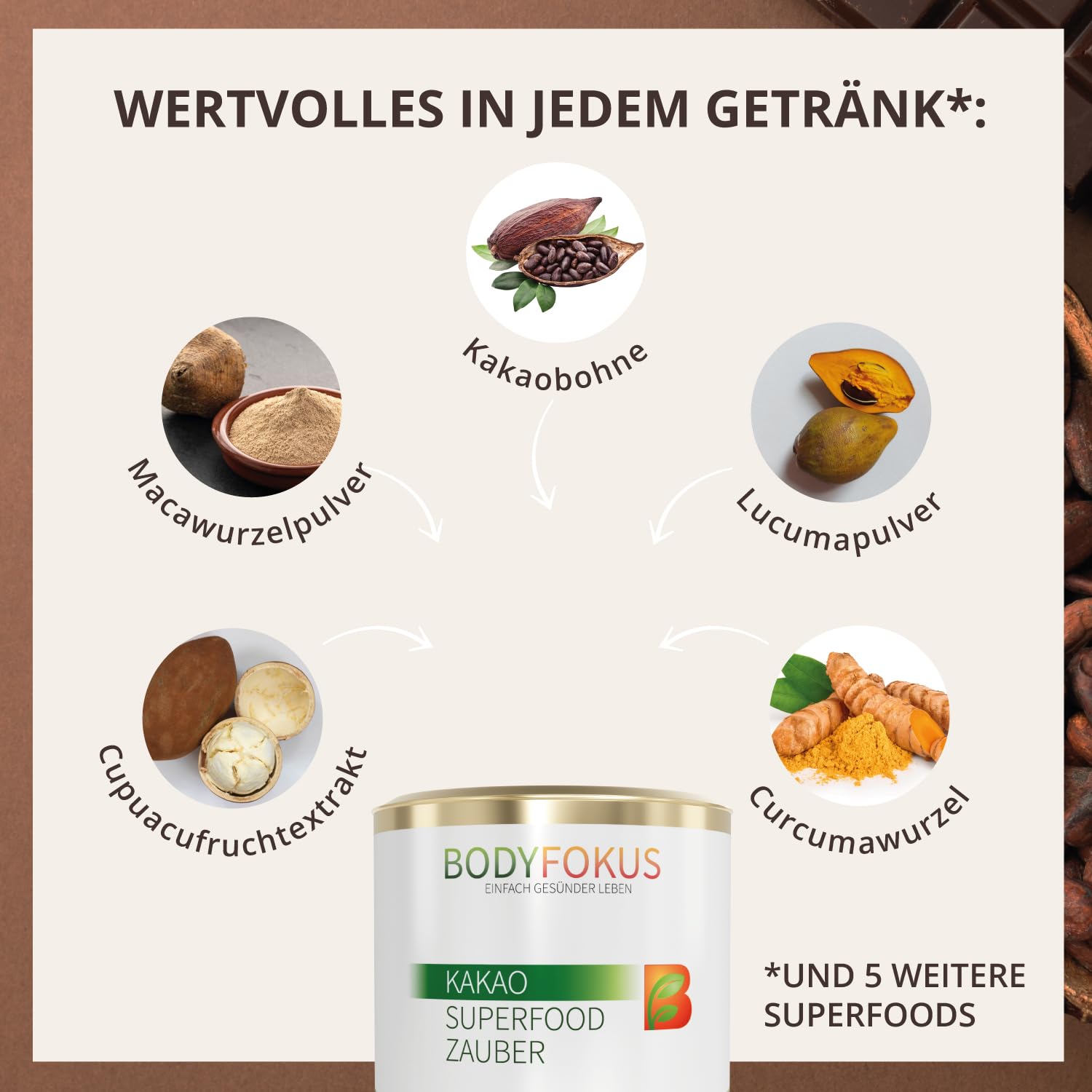 Detalle de BodyFokus Kakao Superfood Zauber – Hochprozentiger Kakao trifft Gewürze und Pflanzenstoffe