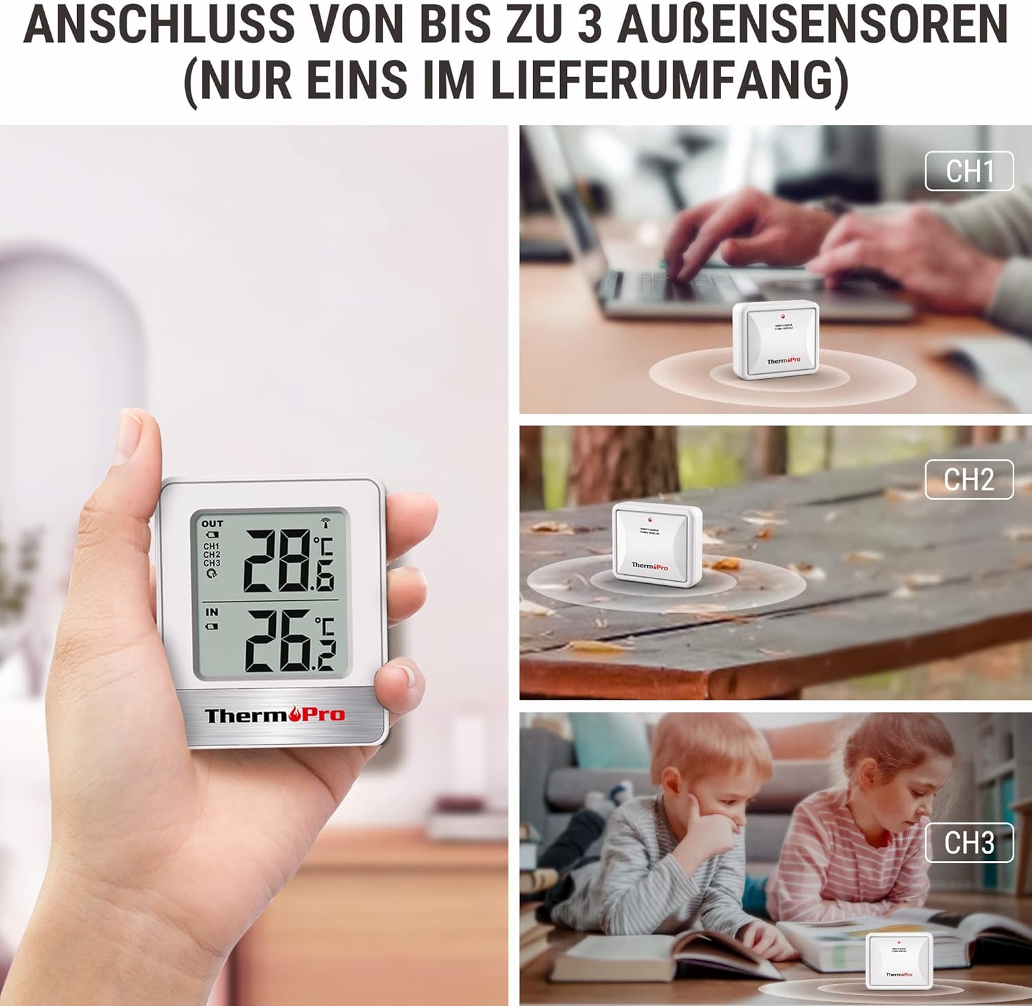 Thumbnail 3 de ThermoPro TP200 Funk-Thermometer für 2 Räume mit Außensensor (TP200)