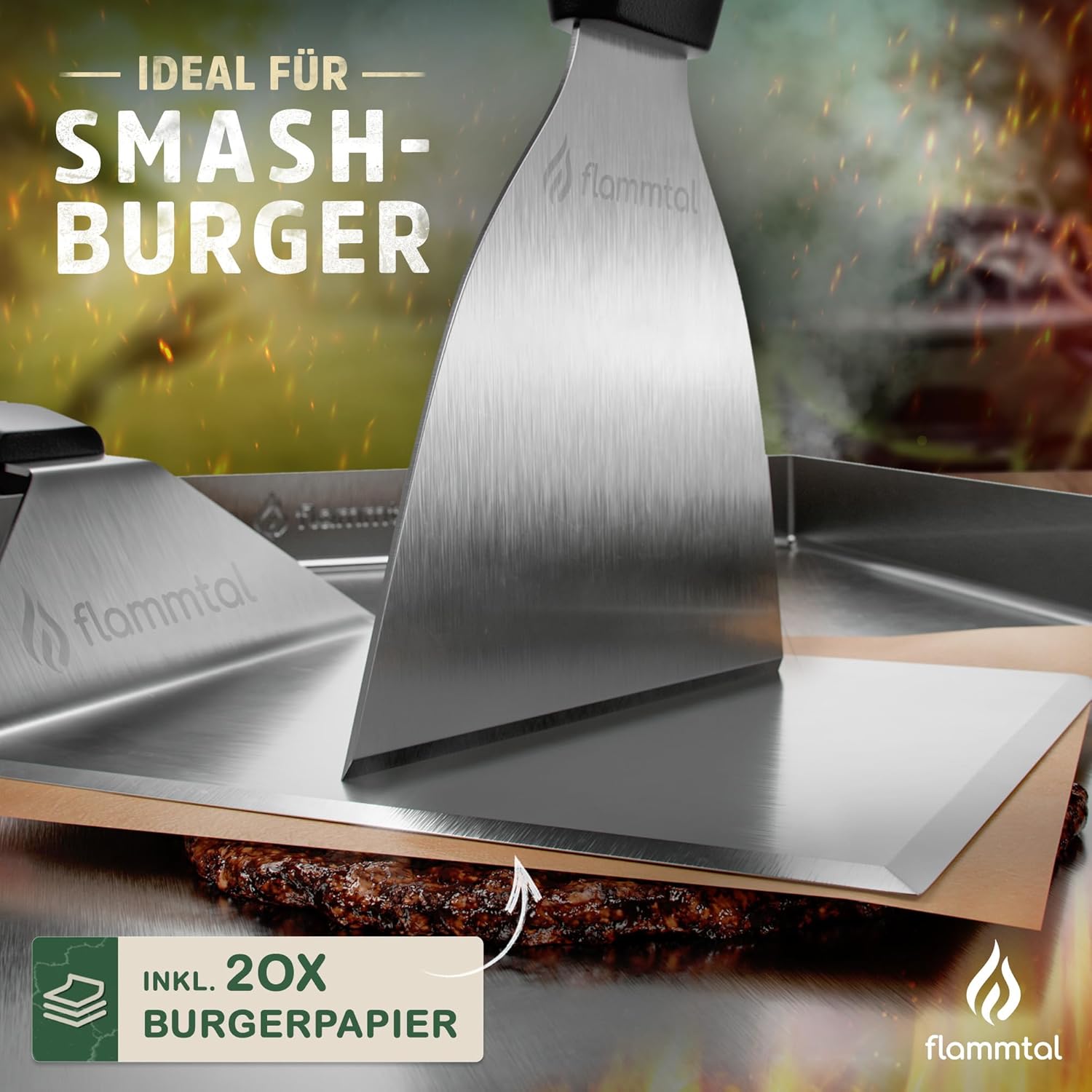 Thumbnail 1 de flammtal [Das Original] Smash Burger Set – 20 Burgerpapiere, Edelstahl-Spachtel & Plancha-Accessoire