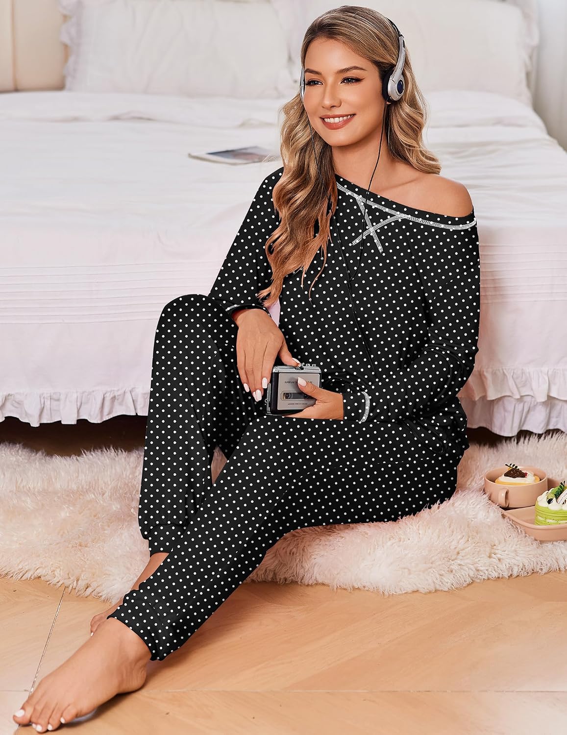 Detalle de Ekouaer 2-Pack Women's Pajama Sets, Long-Sleeve Tops and Jogger Pants