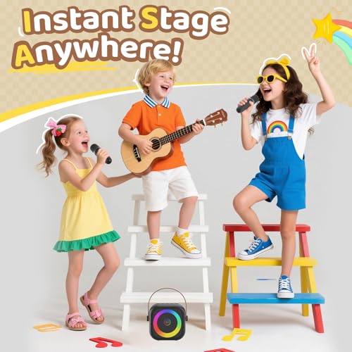 Detalle 2 de Jeefu Karaoke Maschine mit 2 Mikrofonen – Tragbarer Bluetooth Lautsprecher, Disco-Licht, ideal für Kinder 3–15 Jahre