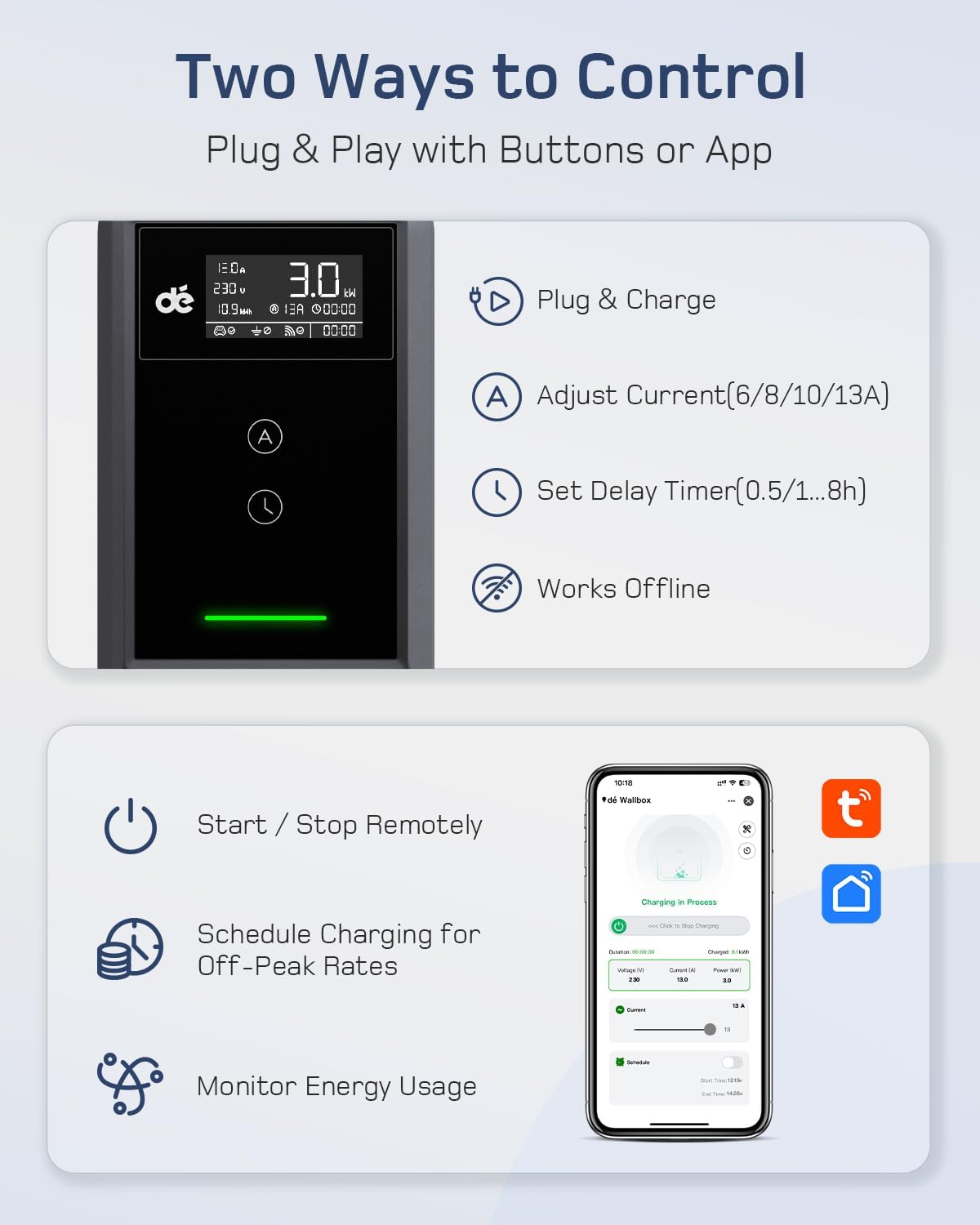 Detalle de Dé EV Charger 3 Pin Plug 10m with App – 3kW Portable Type 2 EV Charger for UK Homes