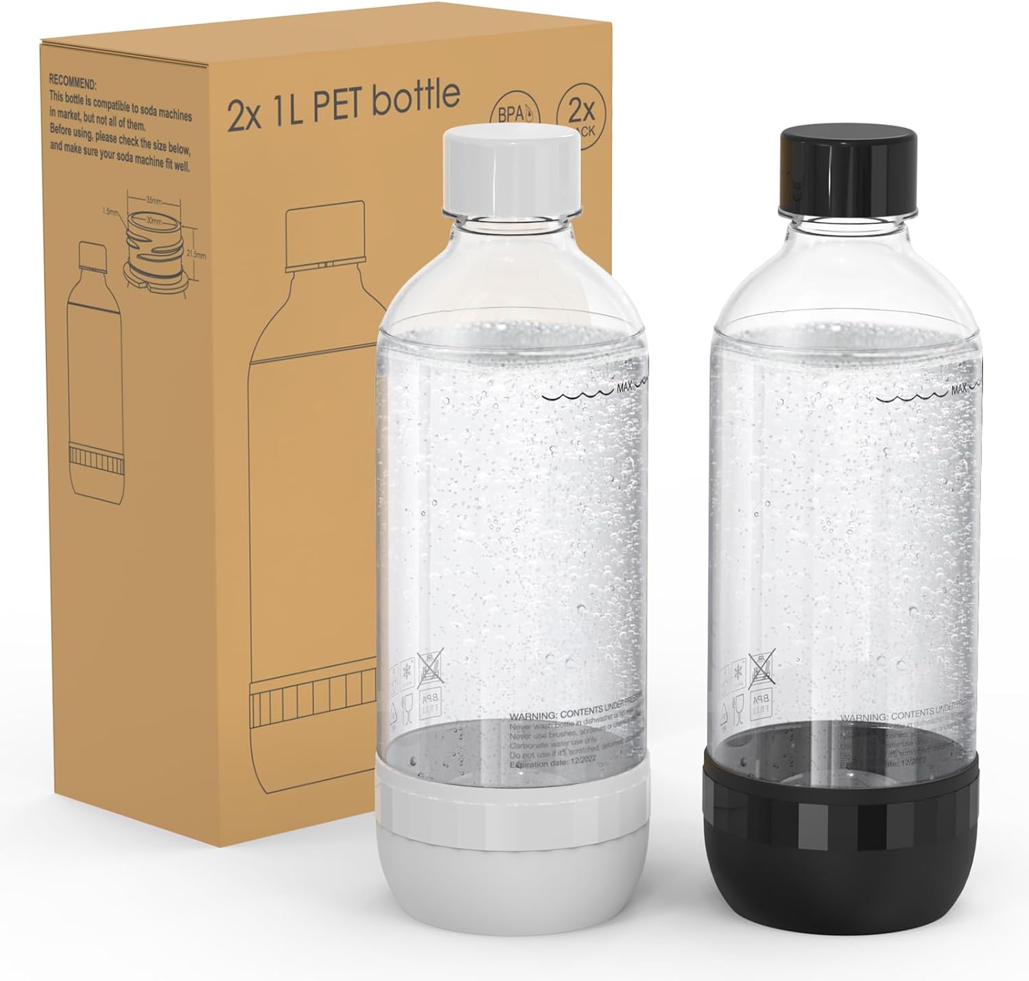 Mycket Soda Maker Sprudelflaschen (2 x 1 l), BPA-frei – wiederverwendbare Kohlensäureflaschen für Soda-Maschine