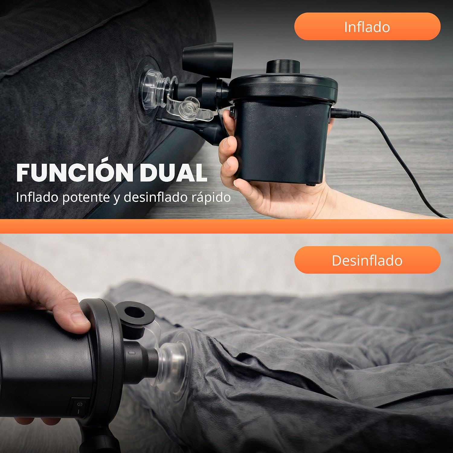 Detalle de JUPPLIES Inflador Eléctrico 2 en 1 (240V AC + 12V DC) para colchones, piscinas y paddle surf