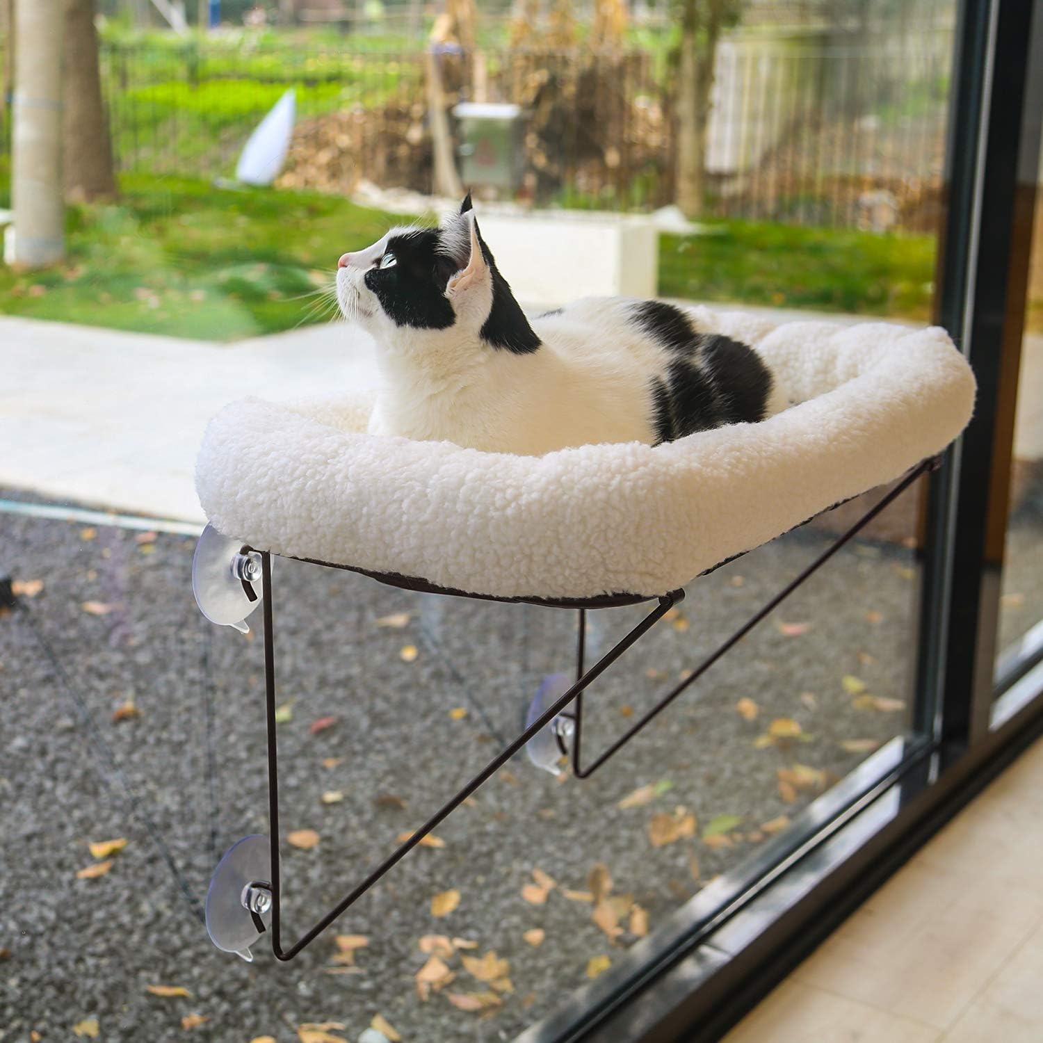 Detalle de Zakkart Katzenfensterliege aus Metall mit Haustierbett und Fensterhängematte (weiß) – für große Katzen