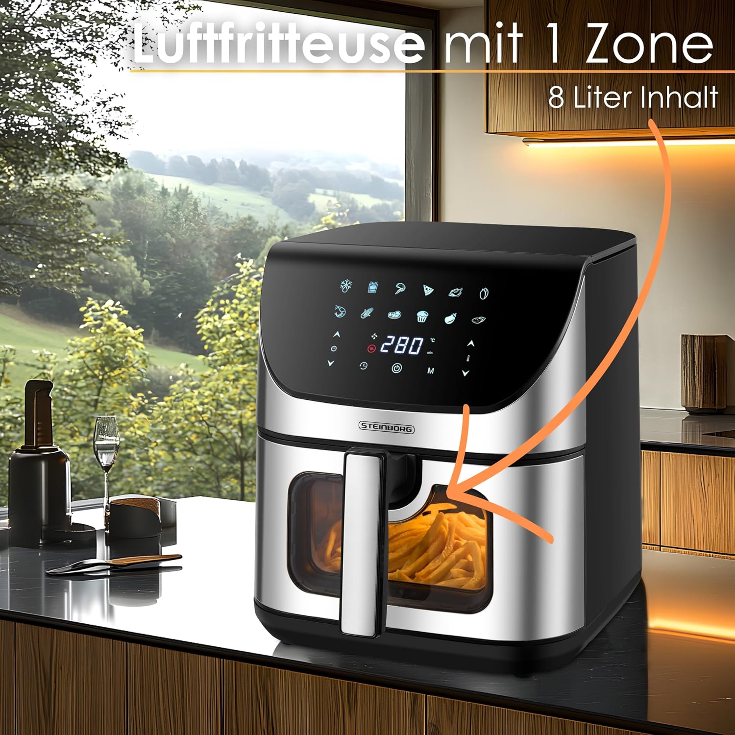 Detalle de Heißluftfritteuse mit Sichtfenster – 8 Liter, 4-in-1, 60-Minuten-Timer, 60–200°C