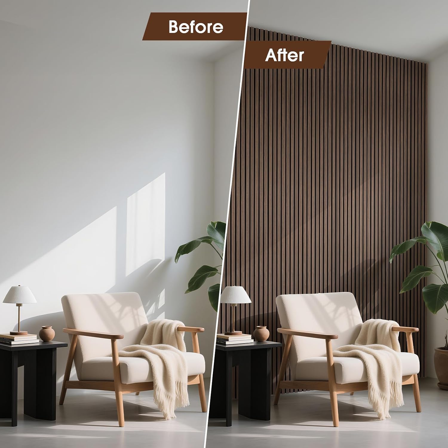 Detalle 1 de LarWorks AP1062WN02-01 Acoustic Wood Slat Panels, Walnut, 3D Fluted, 2-Pack