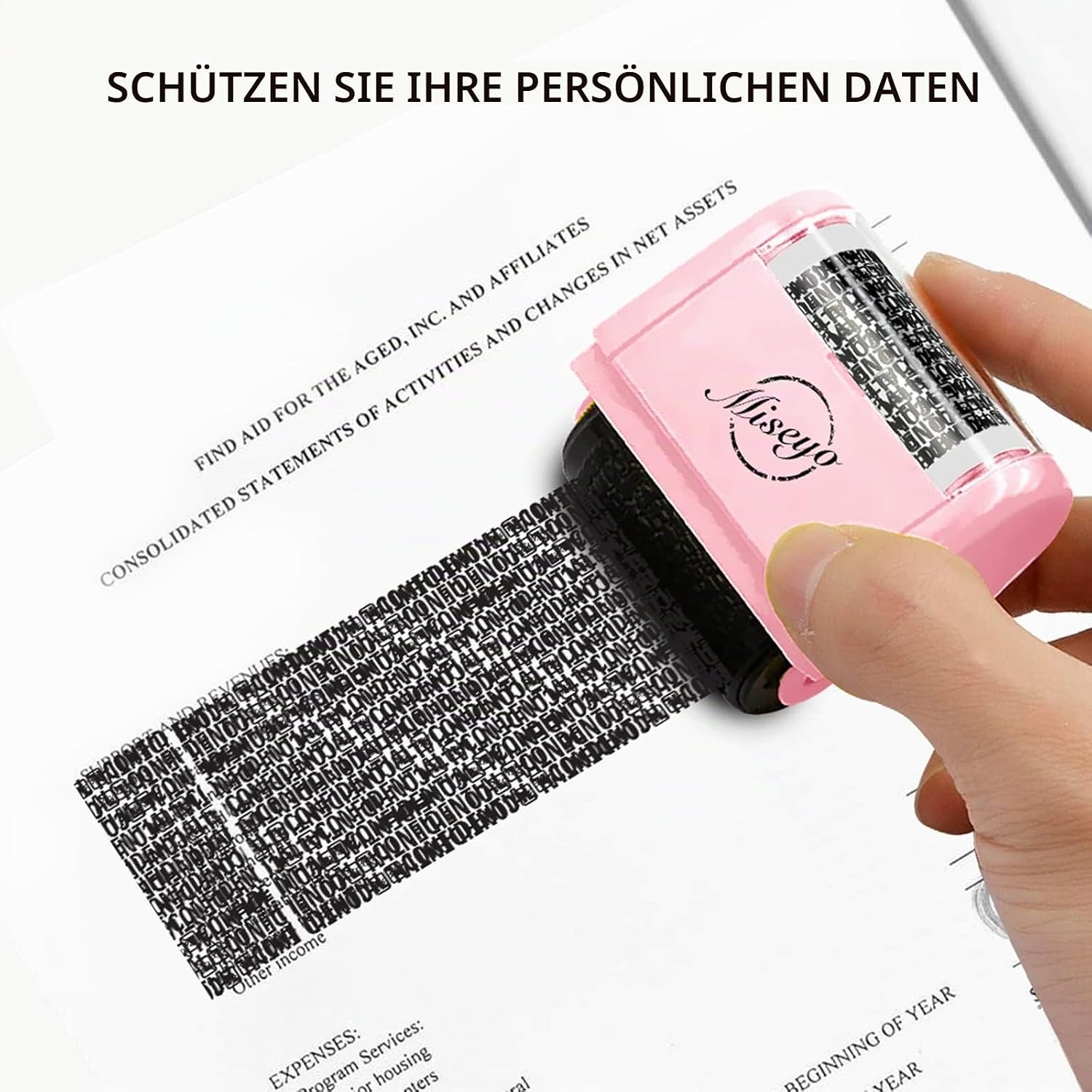 Detalle de Miseyo Breites Datenschutz Rollstempel Set – Rosa (inkl. 3 Nachfülltinten) für Identitätsdiebstahl-Prävention