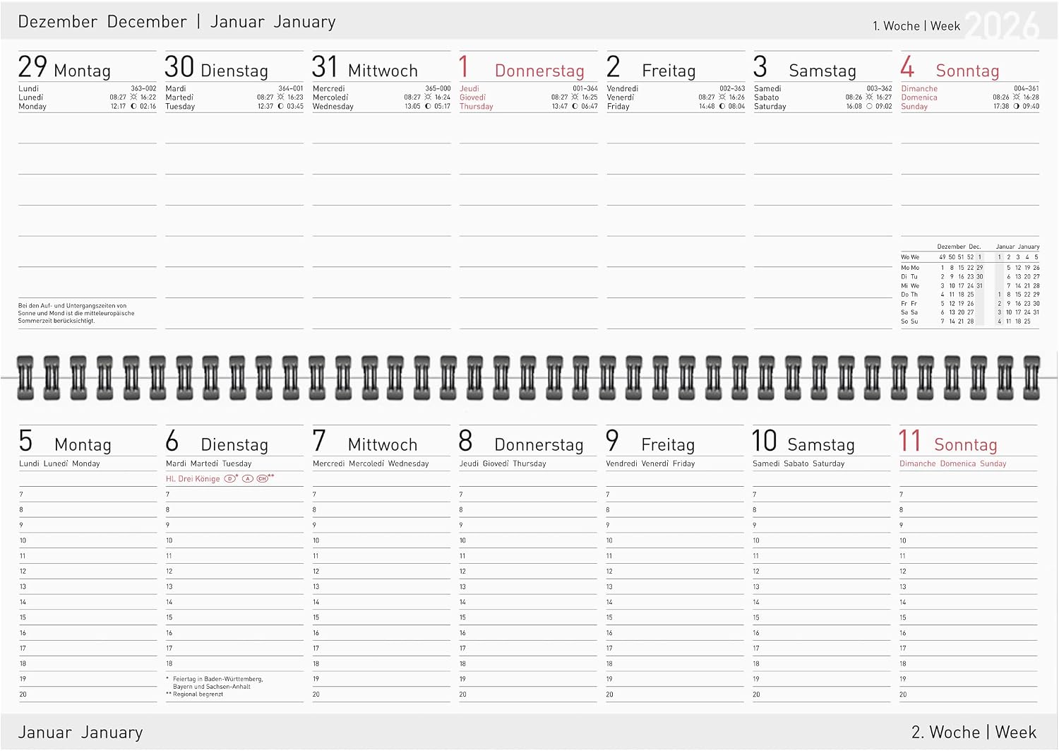 Detalle de Idena 12059 bureaukalender 2026, liggend met weekindeling en spiraalbinding