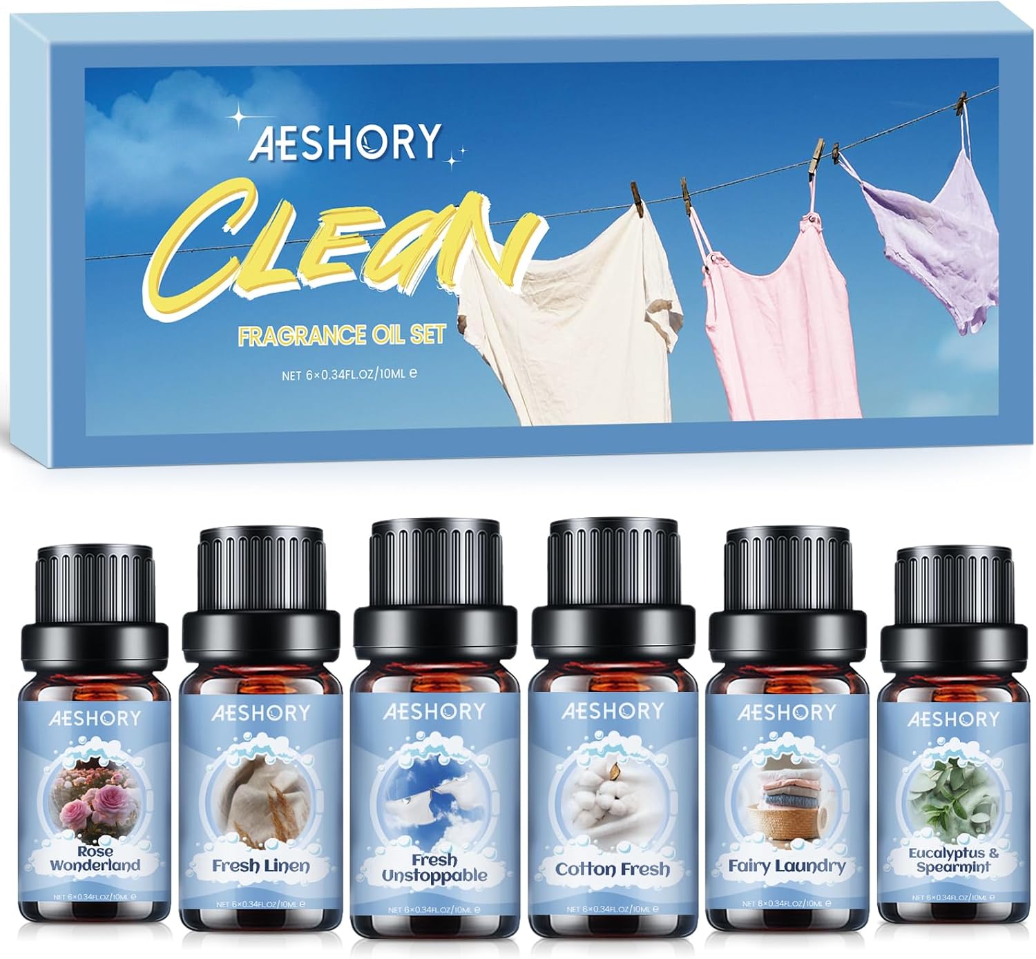 Detalle de AESHORY Set ätherische Öle für Diffuser (6 x 10 ml) – Frisch, Eukalyptus & Co. als Aromatherapie-Duftöl Geschenkset
