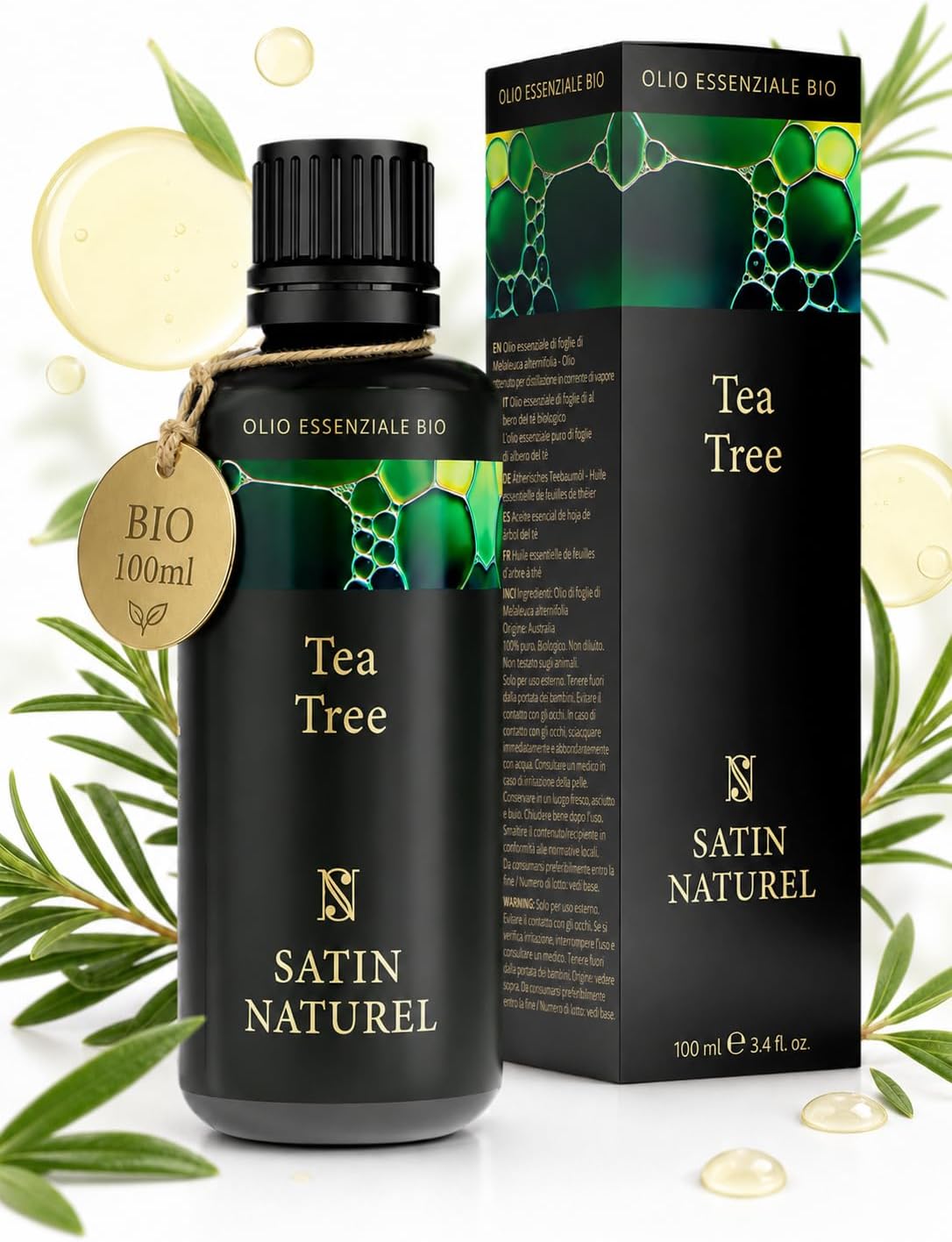 Detalle de Satin Naturel Tea Tree Oil Puro 100 ml: olio essenziale biologico e vegano per diffusori e cura della pelle