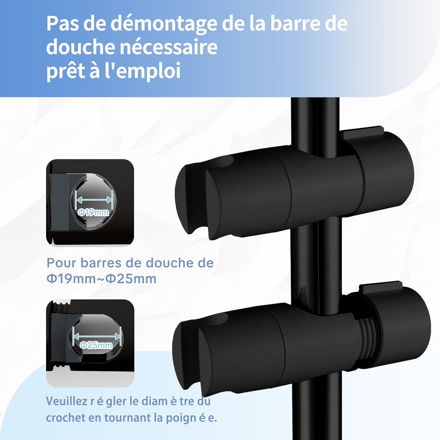 Detalle 2 de OFFO Support Pommeau de Douche Réglable 19–25 mm en ABS, Noir