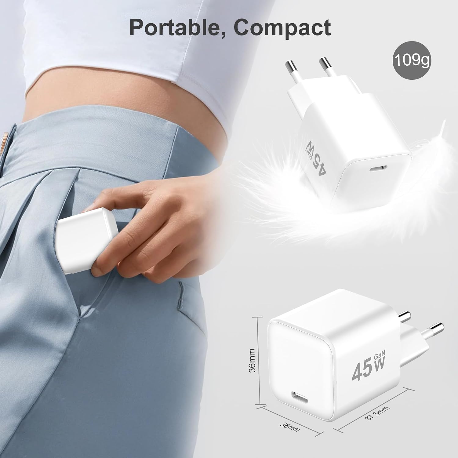 Detalle de YISH chargeur secteur USB-C 45W GaN avec câble USB-C 60W (1 m) et prise murale PD 3.0