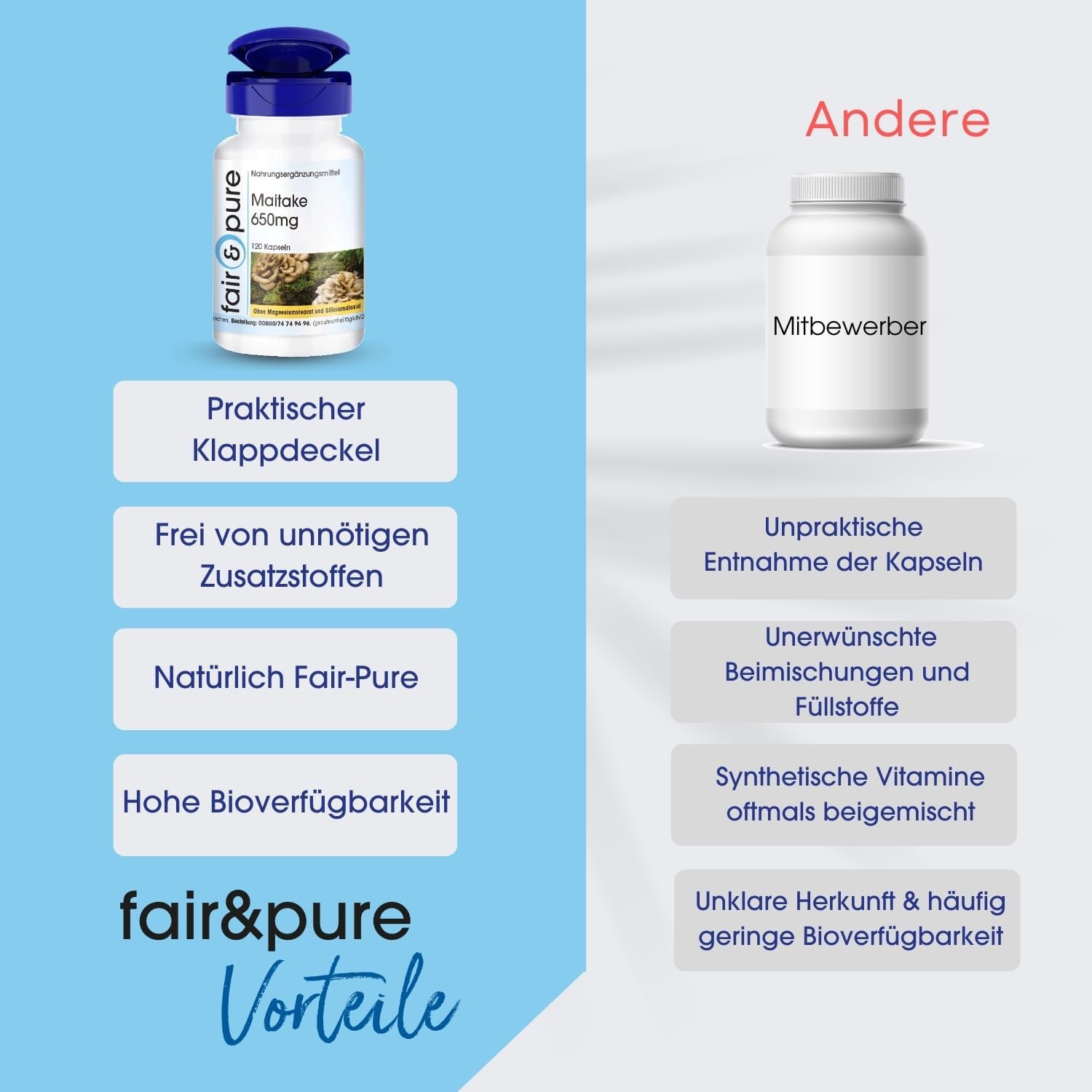 Detalle de Fair & Pure Maitake 650mg – 120 Kapseln, Grifola frondosa, vegan, in Deutschland hergestellt