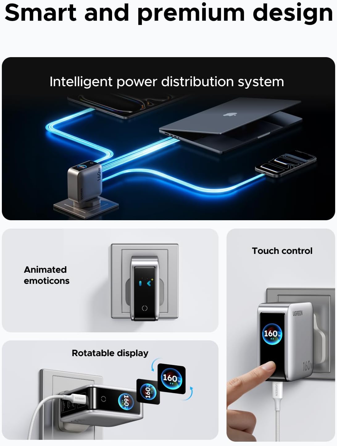 Detalle de UGREEN 160W Nexode Pro 5-Port GaN Fast Charger with Smart Display