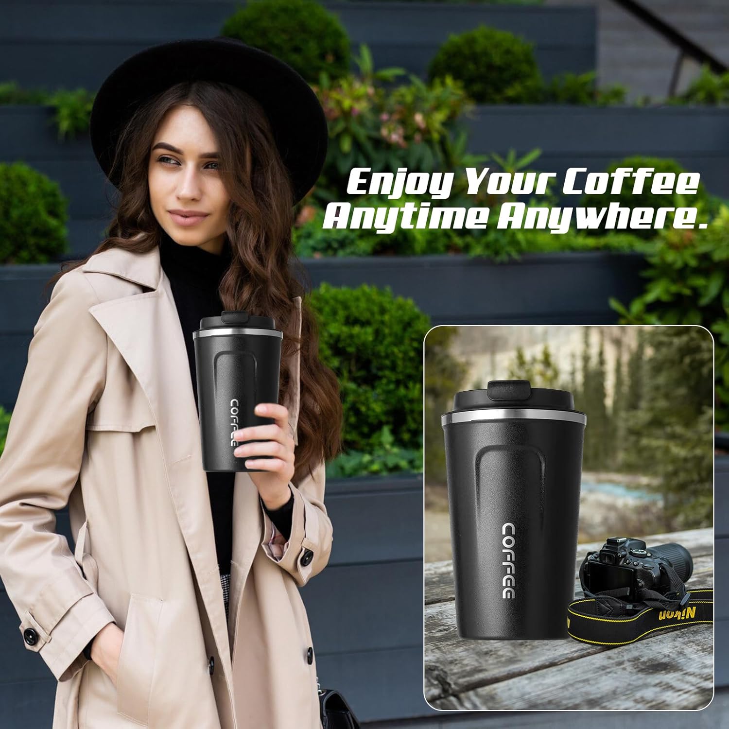 Detalle 2 de SPLMIFA 12oz leak-proof stainless steel vacuum travel coffee mug with lid (Black)