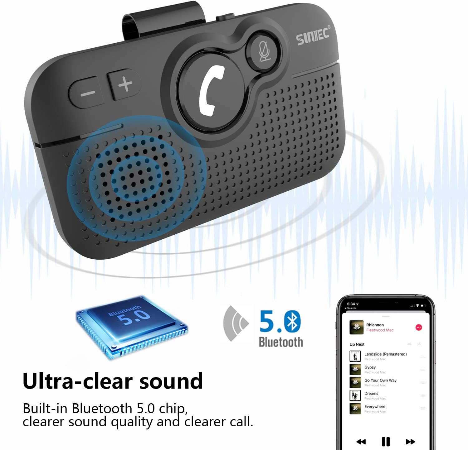 Detalle 2 de SUNITEC BC980SA Hands Free Car Phone Kit Bluetooth with Auto Power On and Siri support