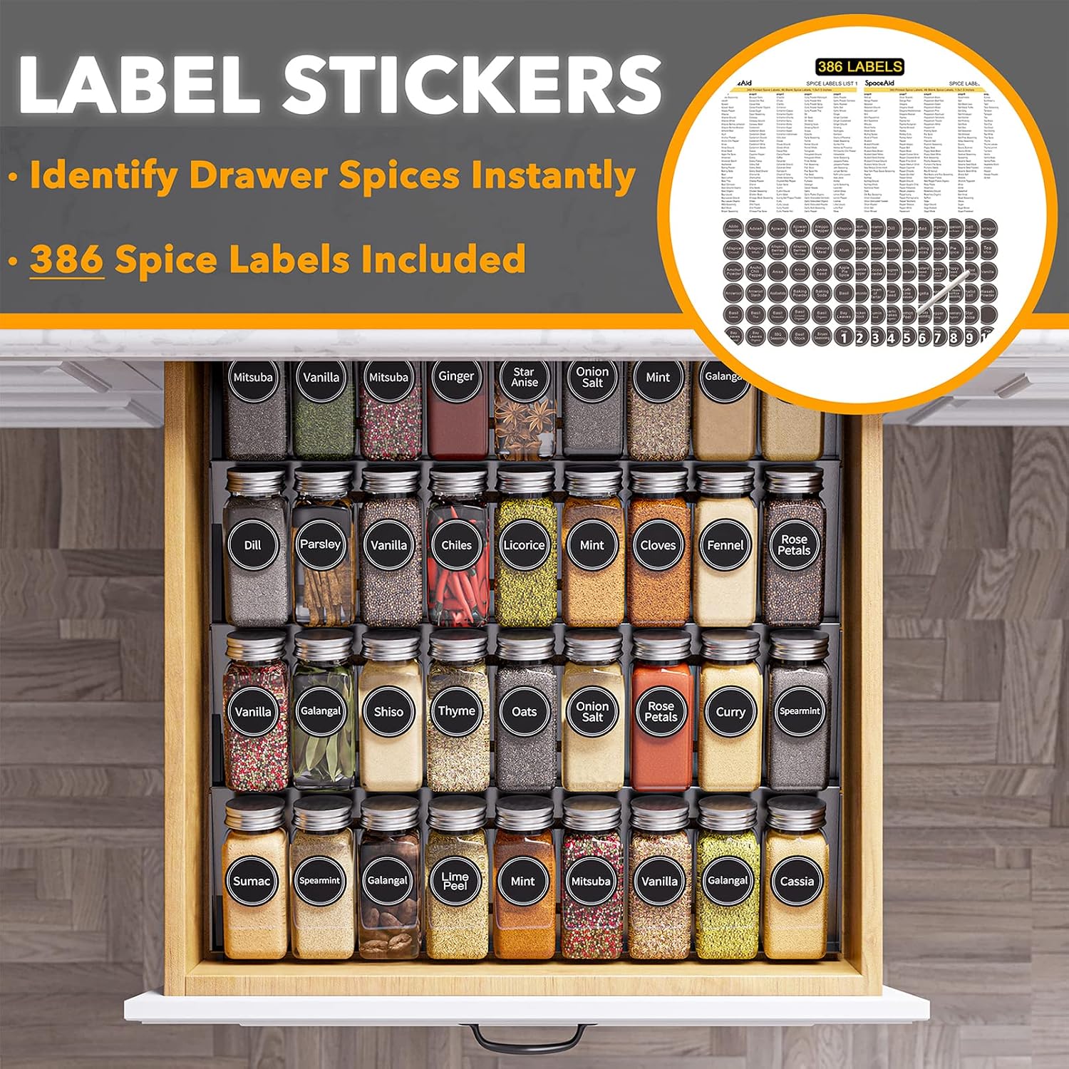Detalle de SpaceAid Spice Drawer Organizer Set with 36 Glass Spice Jars, 4-Tier Rack & Labels