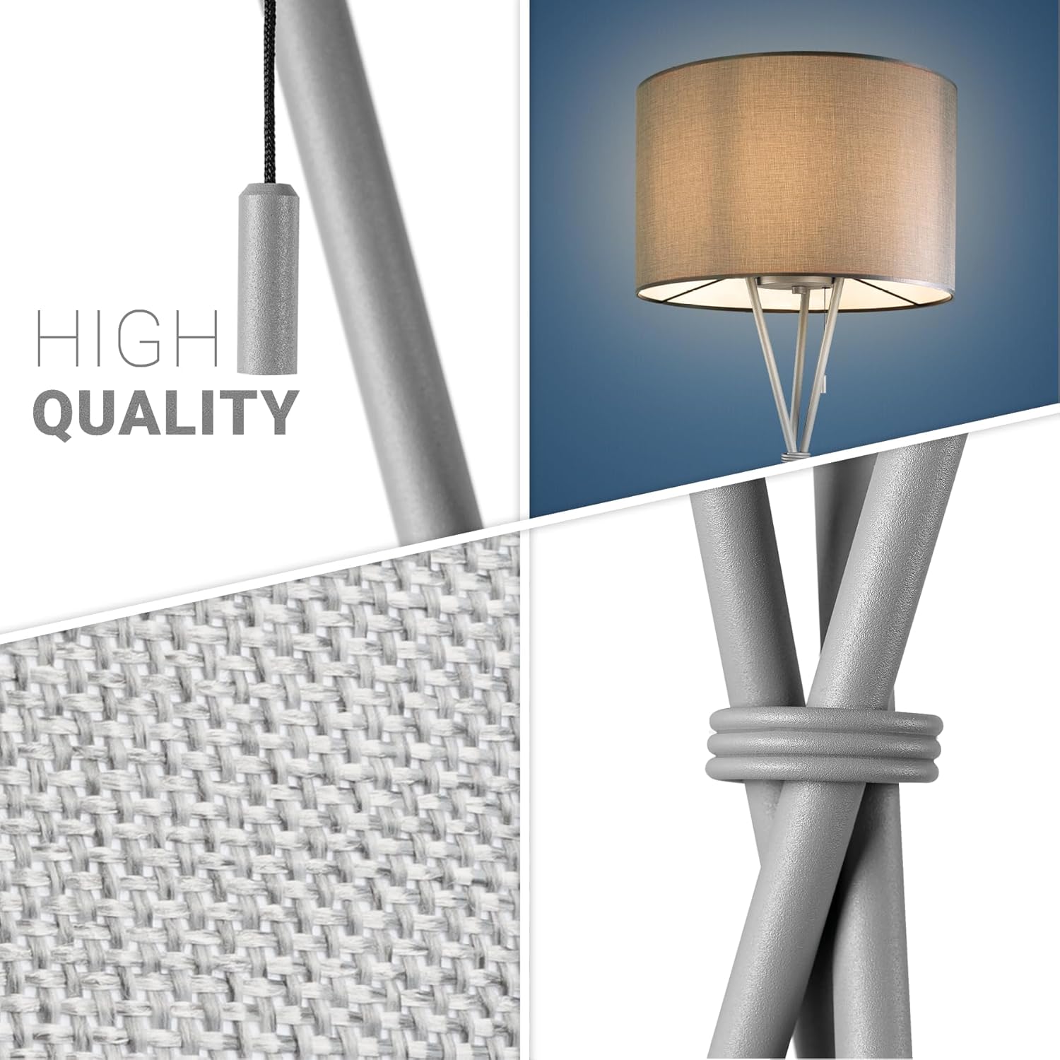 Thumbnail 3 de Paco Home Stehlampe Wohnzimmer Dreibeinstativ mit Stoffschirm – E27 Leuchte, Stecker, einfarbig