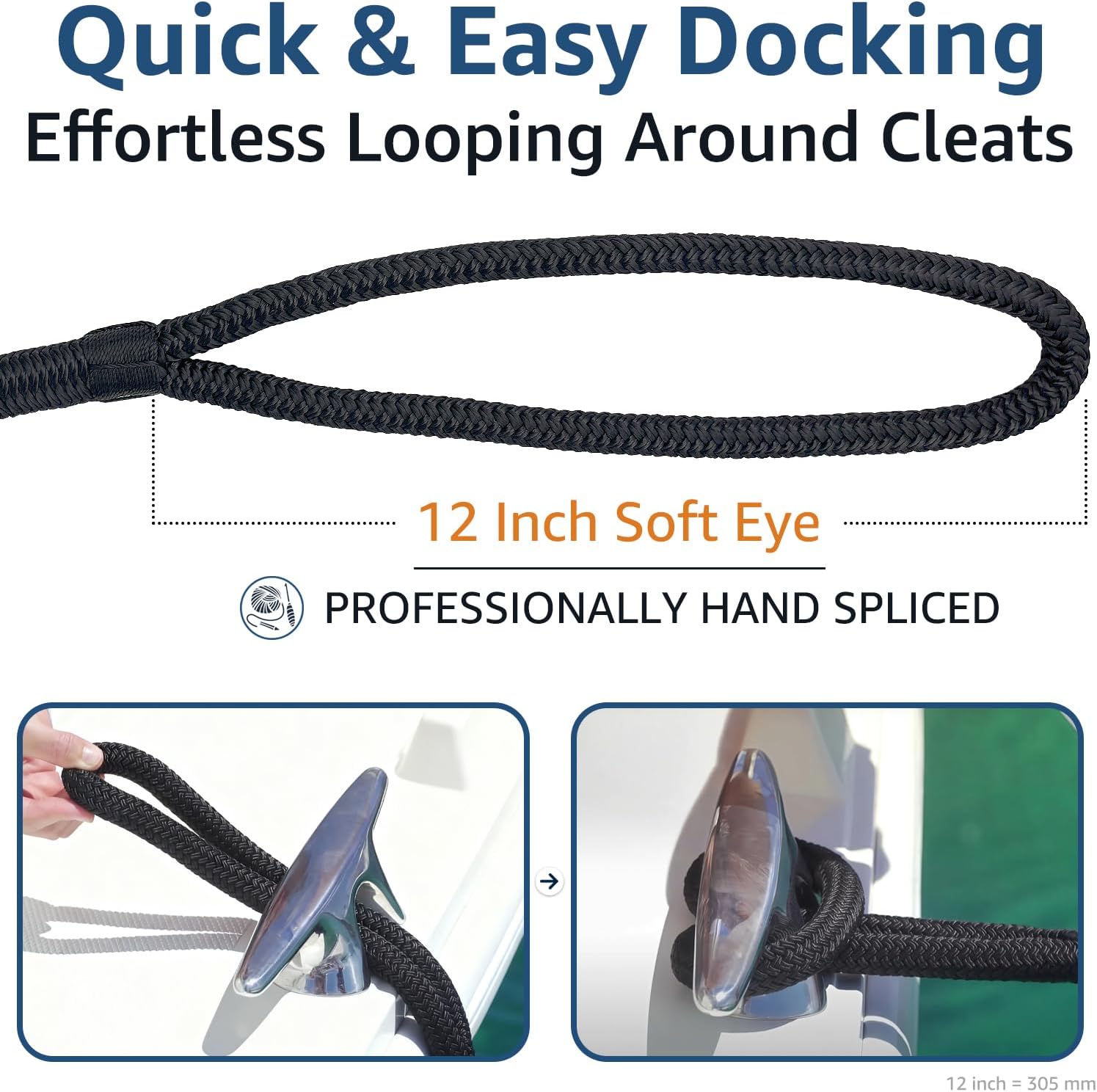Detalle de PACTHSD 2-Pack 3/8" x 15' Dock Lines with 12" Loops, Double-Braided Marine-Grade Nylon (Black)