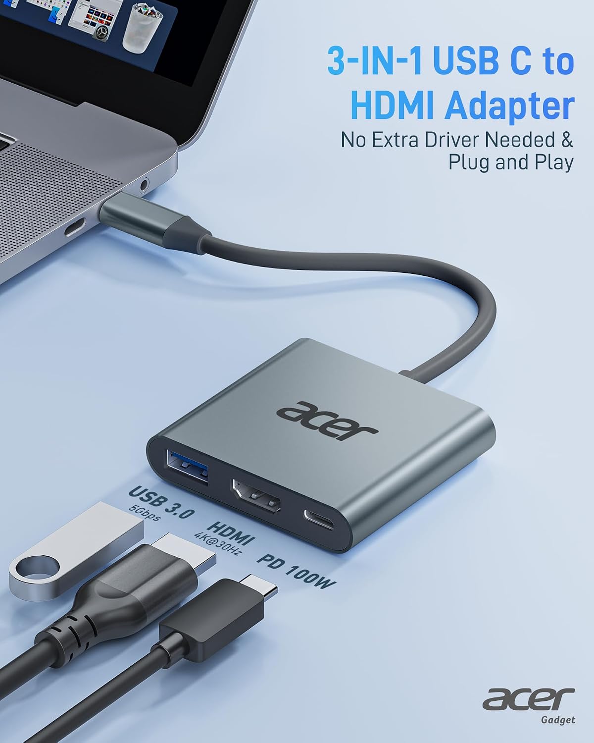 Thumbnail 1 de Acer USB C Hub (3-in-1) – Type-C to HDMI adapter with 4K HDMI, 5Gbps USB 3.0 and up to 100W PD charging (Grey)
