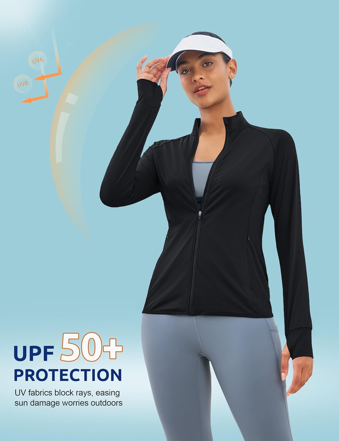 Detalle de MAGCOMSEN Women's UPF 50+ Zip-Up Athletic Jacket with Thumb Holes