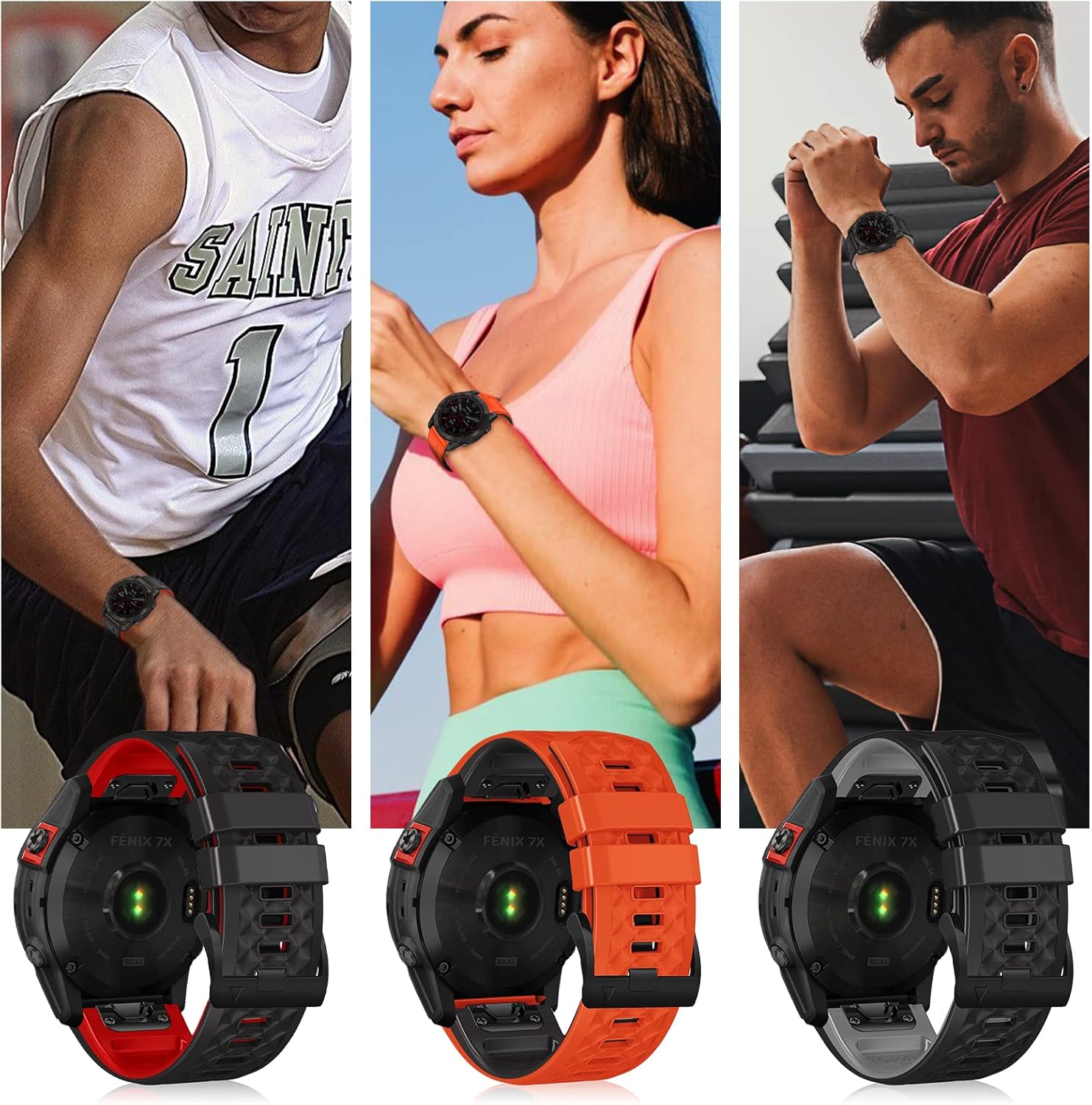 Detalle de LanQii QuickFit Silikonarmband 26 mm für Garmin (schwarz+rot) – Ersatzband für Tactix 8, Fenix 8/7/6/5, Enduro und Descent