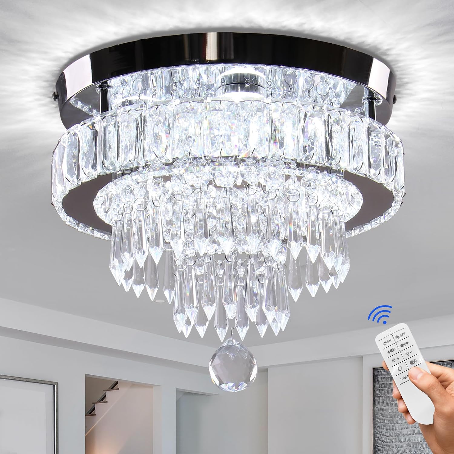 Detalle de Finktonglan CL300-V 11.8-Inch Crystal LED Flush-Mount Ceiling Light with Remote