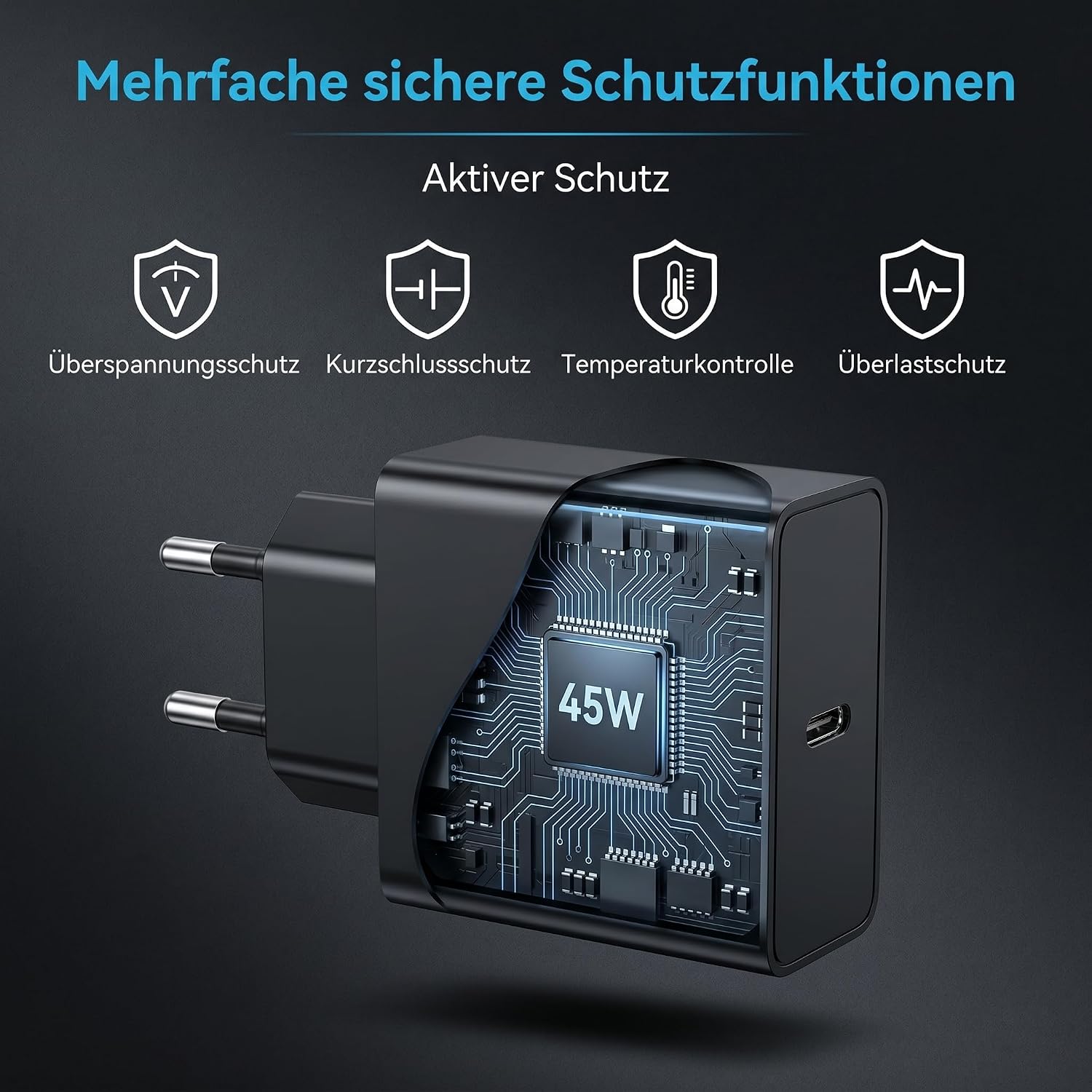 Detalle de Bamkey 45 W USB-C-snabbladdare med 2 m flätad kabel