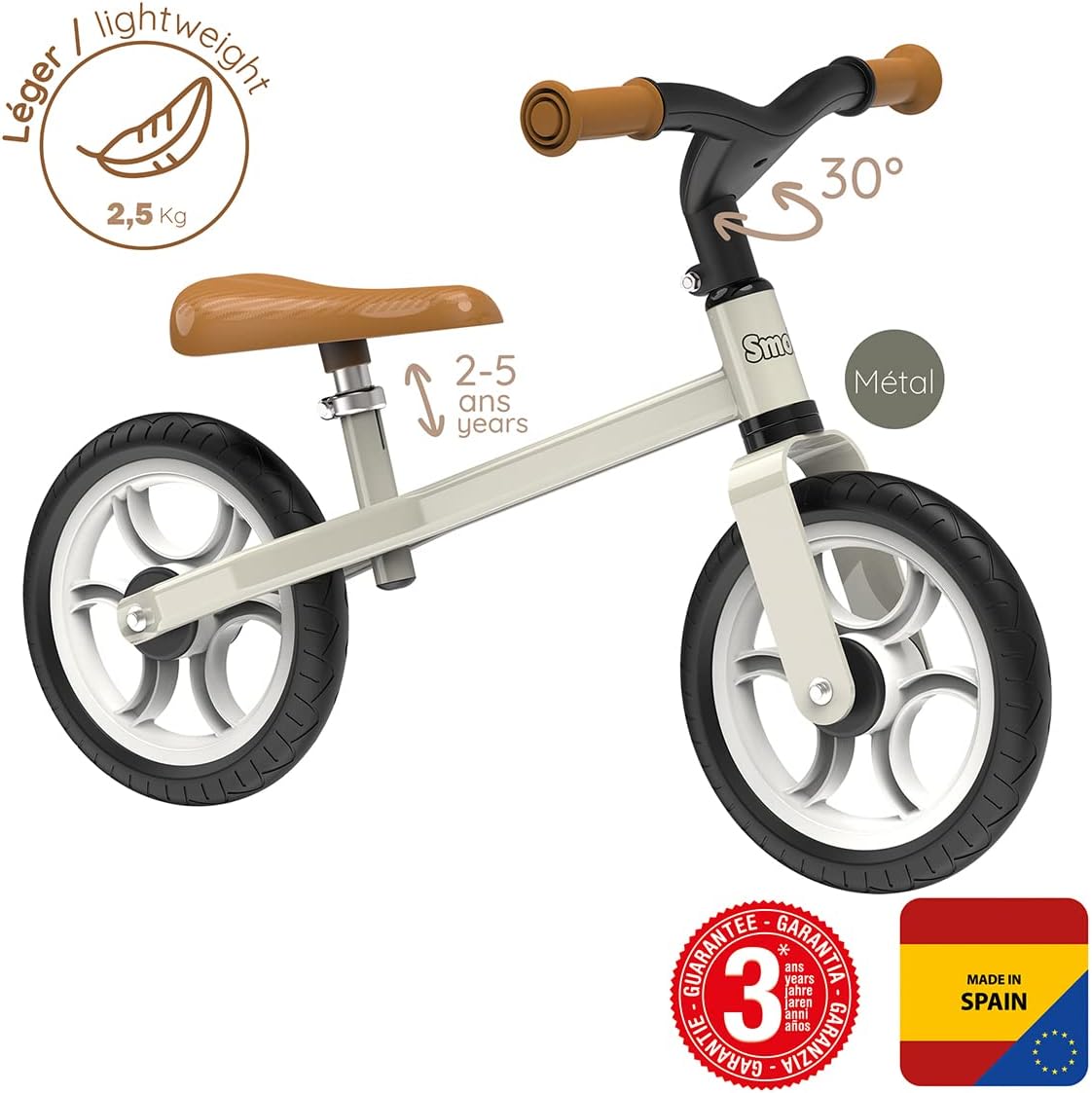 Detalle de Smoby First Bike Beige: bici senza pedali in metallo leggera, sicura e regolabile dai 2 anni
