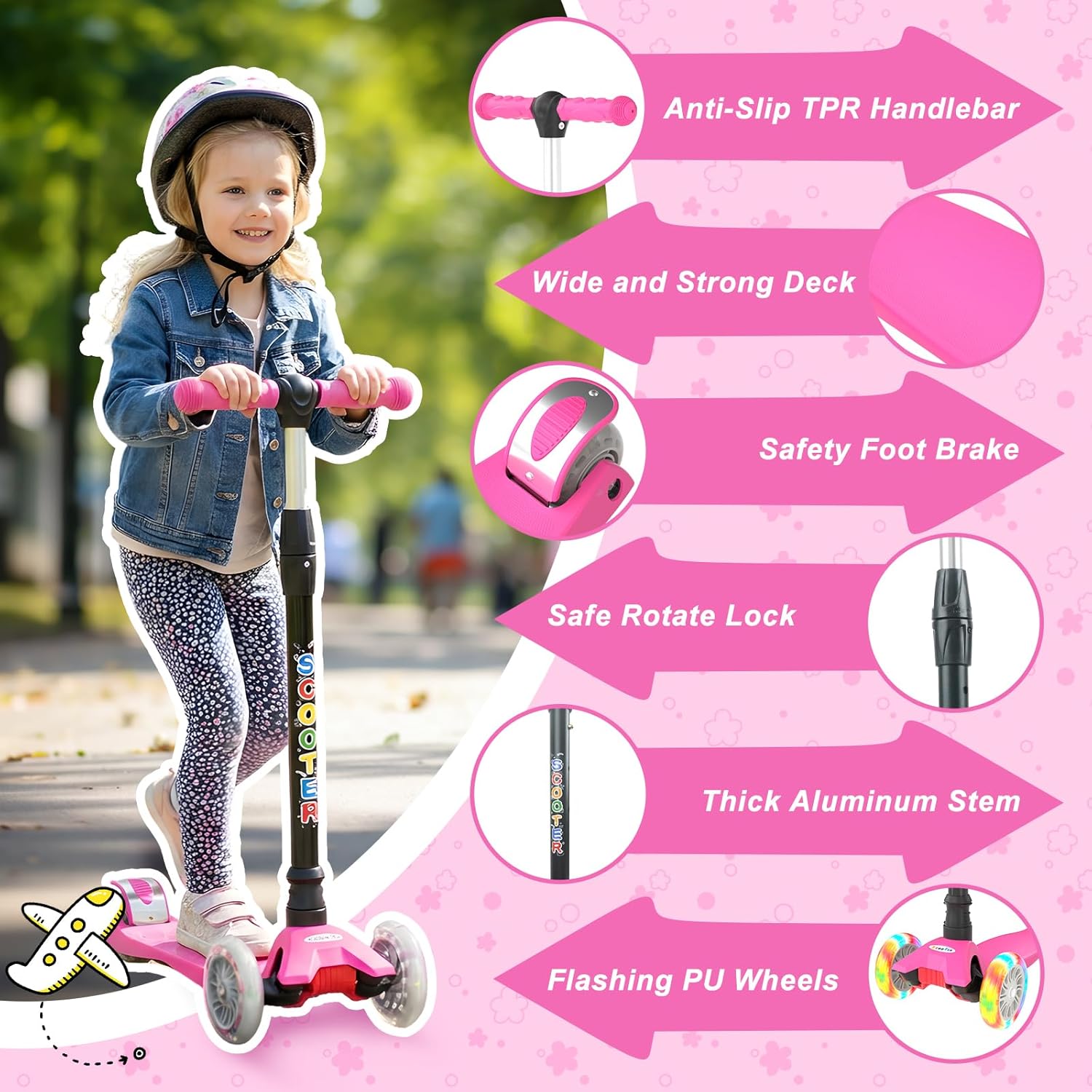 Thumbnail 4 de KORIMEFA 3 Wheel Kids Scooter (Age 3-12) with Adjustable Height, Light-up Wheels and Lean-to-Steer