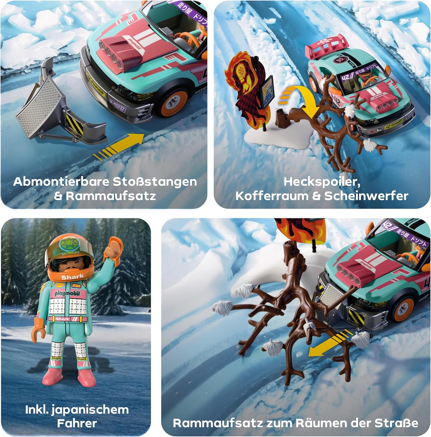 Detalle de PLAYMOBIL Cars Offroad Tuningcar 72062 – Tuning-Auto mit Rammbock, Schnee-Kulisse und Werkzeugkasten