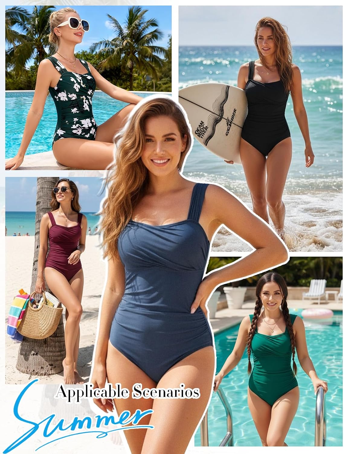 Thumbnail 6 de UMIPUBO Costume da bagno intero donna con coppe, pieghe e tiranti larghi regolabili (curvy)