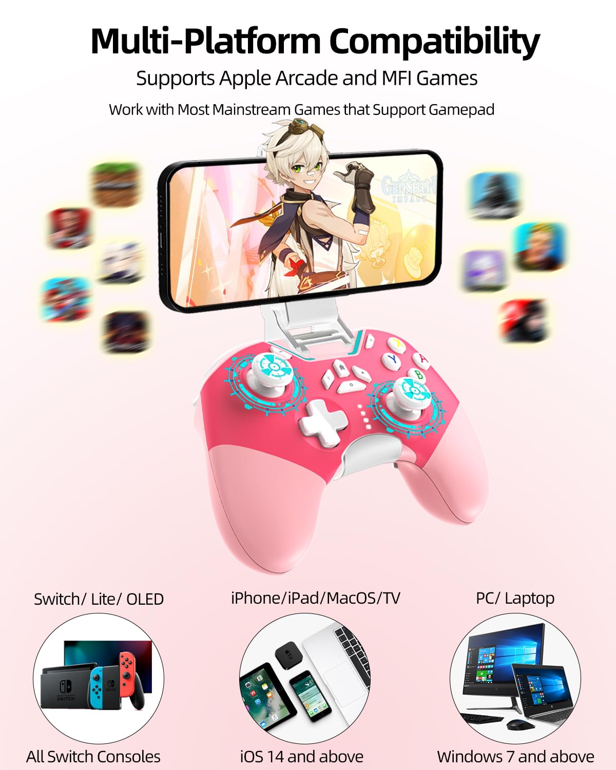 Detalle de Hall Effect iPhone Controller with Phone Clip – Wireless Bluetooth & USB-C Wired Gaming Controller