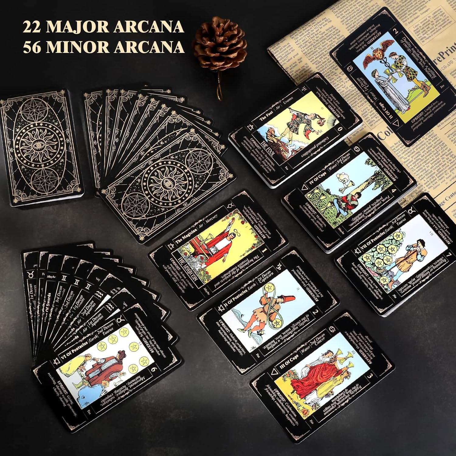 Detalle de Fofeadm Keyword Tarot Deck (78 Cards) with Guidebook & Linen Carry Bag