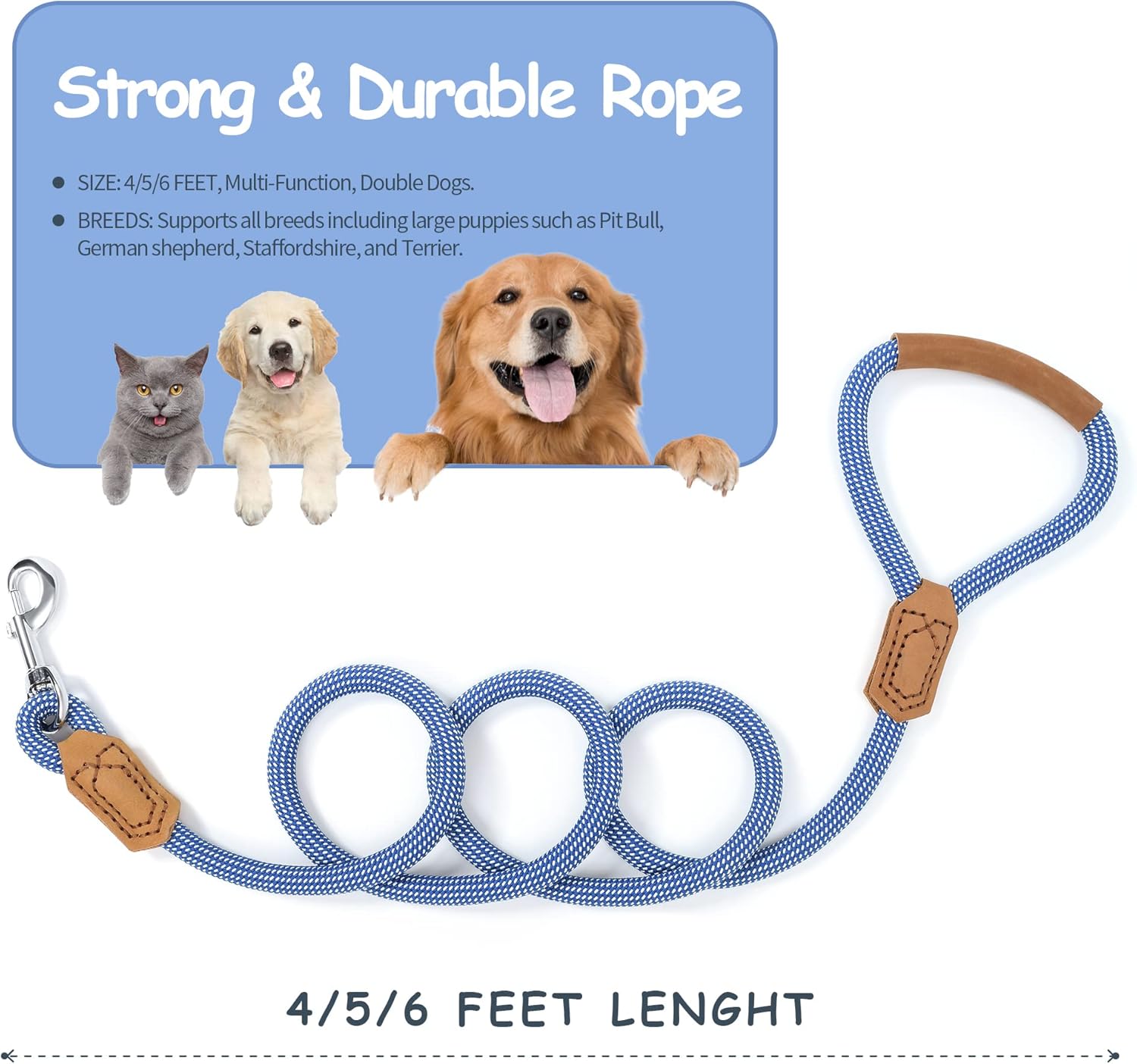 Thumbnail 4 de Mile High Life Premium Leather Dog Leash with 1/2-inch Rope, Zinc Alloy Swivel Clasp (48-inch, Blue/White)