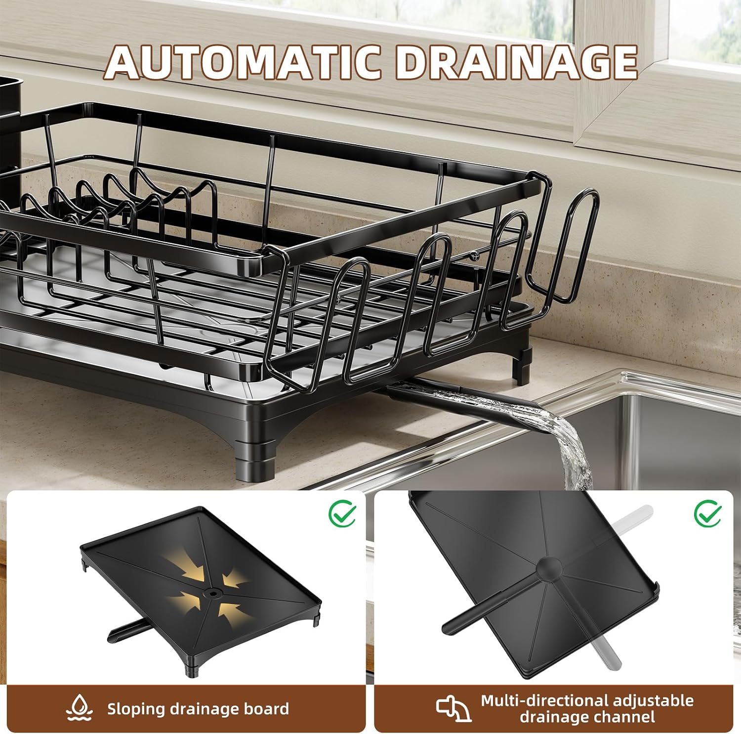 Detalle de Simple Trending Countertop Dish Drainer in Black (Large, 21.5" L) with Utensil Holder and Cup Hooks